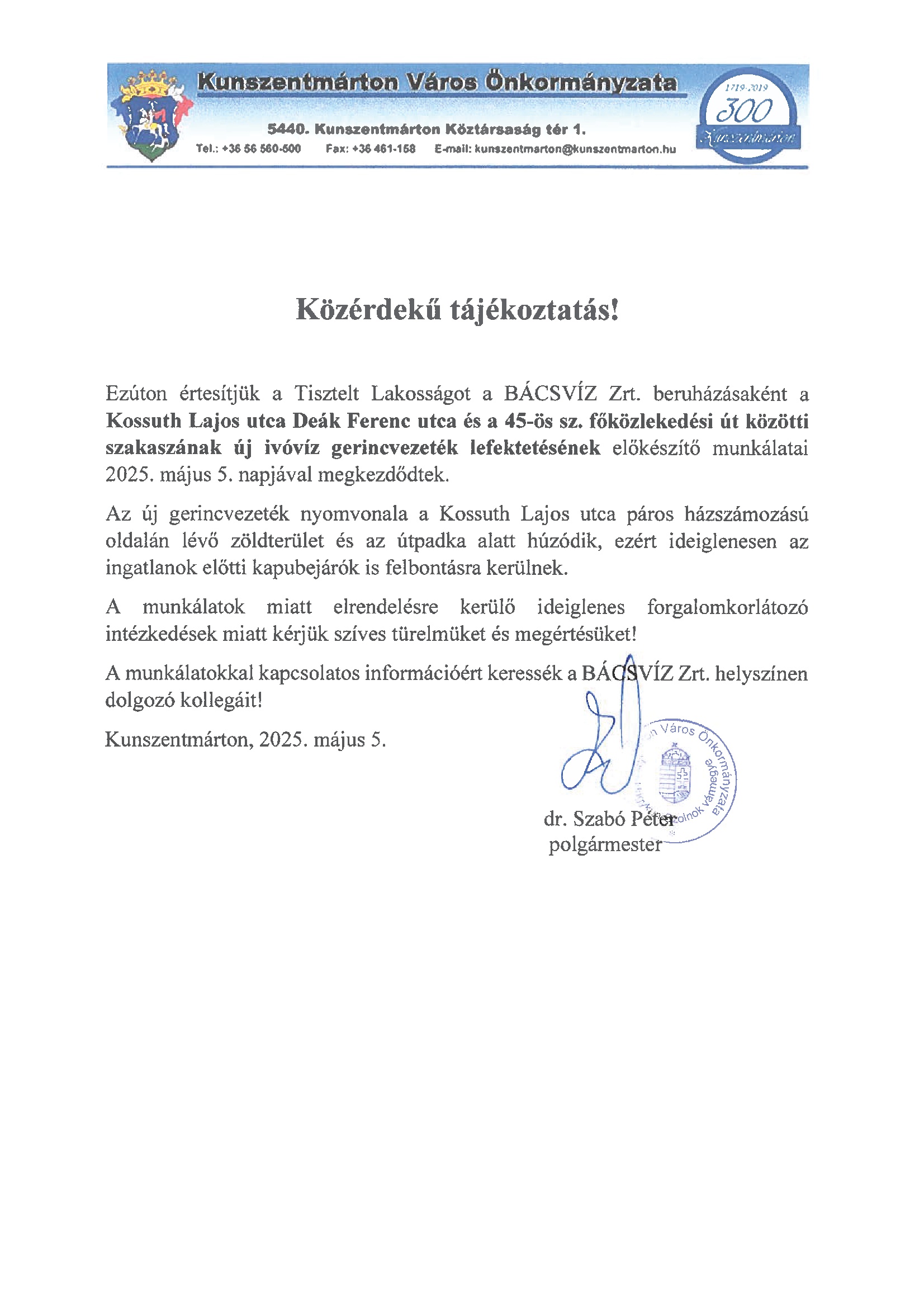 Közérdekű tájékoztatás! (Bácsvíz Zrt. 2025.05.05.) 