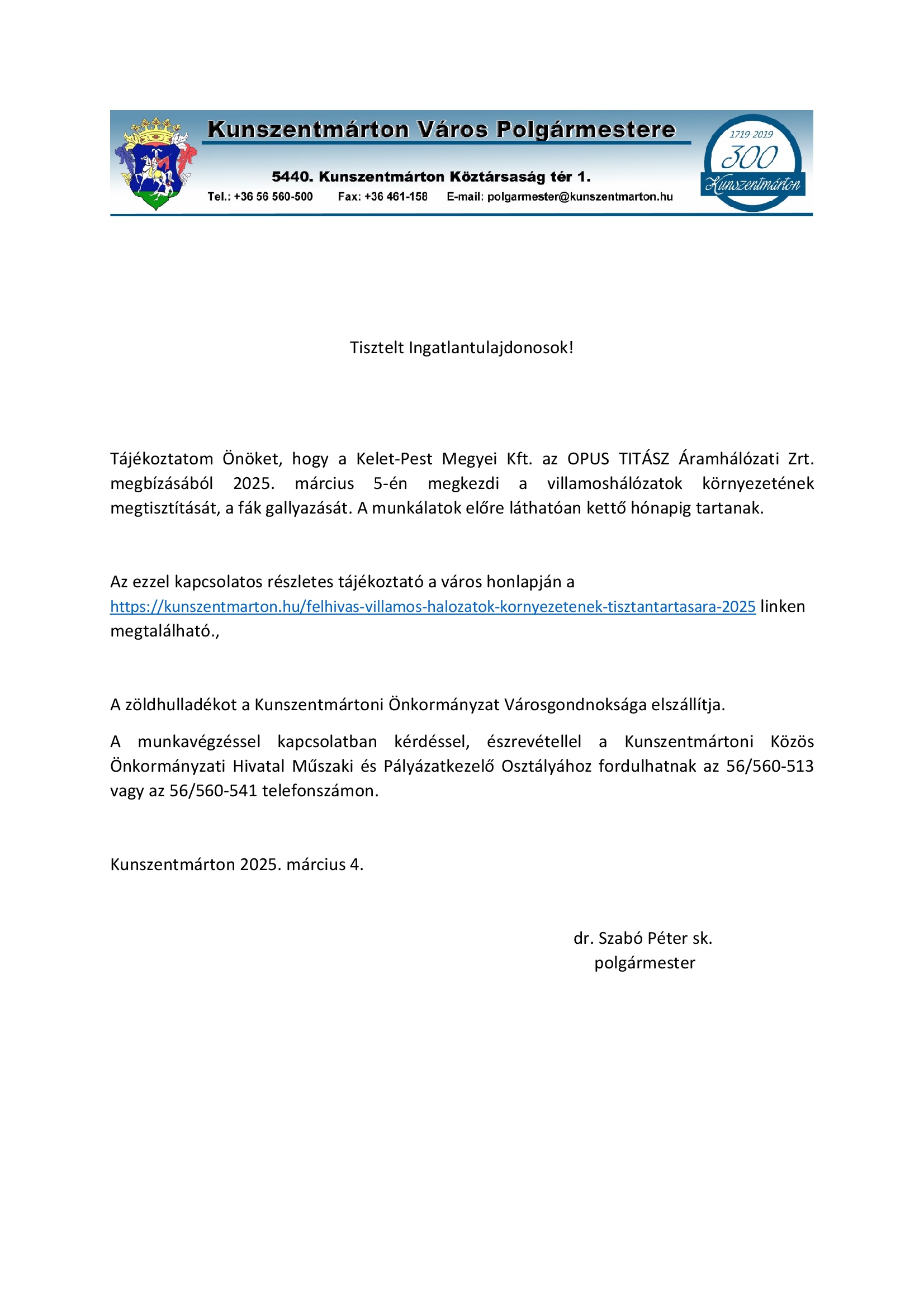 Tájékoztató villamos hálózatok környezetének megtisztításáról, fák gallyazásának munkálatairól 2025 március 5-től 