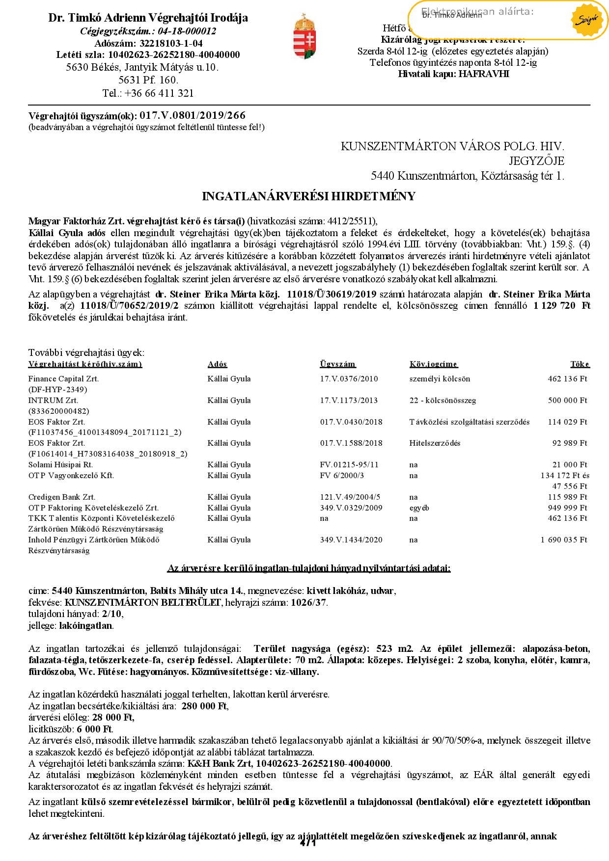 Ingatlanárverési hirdetmény 017.V.0801/2019/266 (Babits M. 14.)