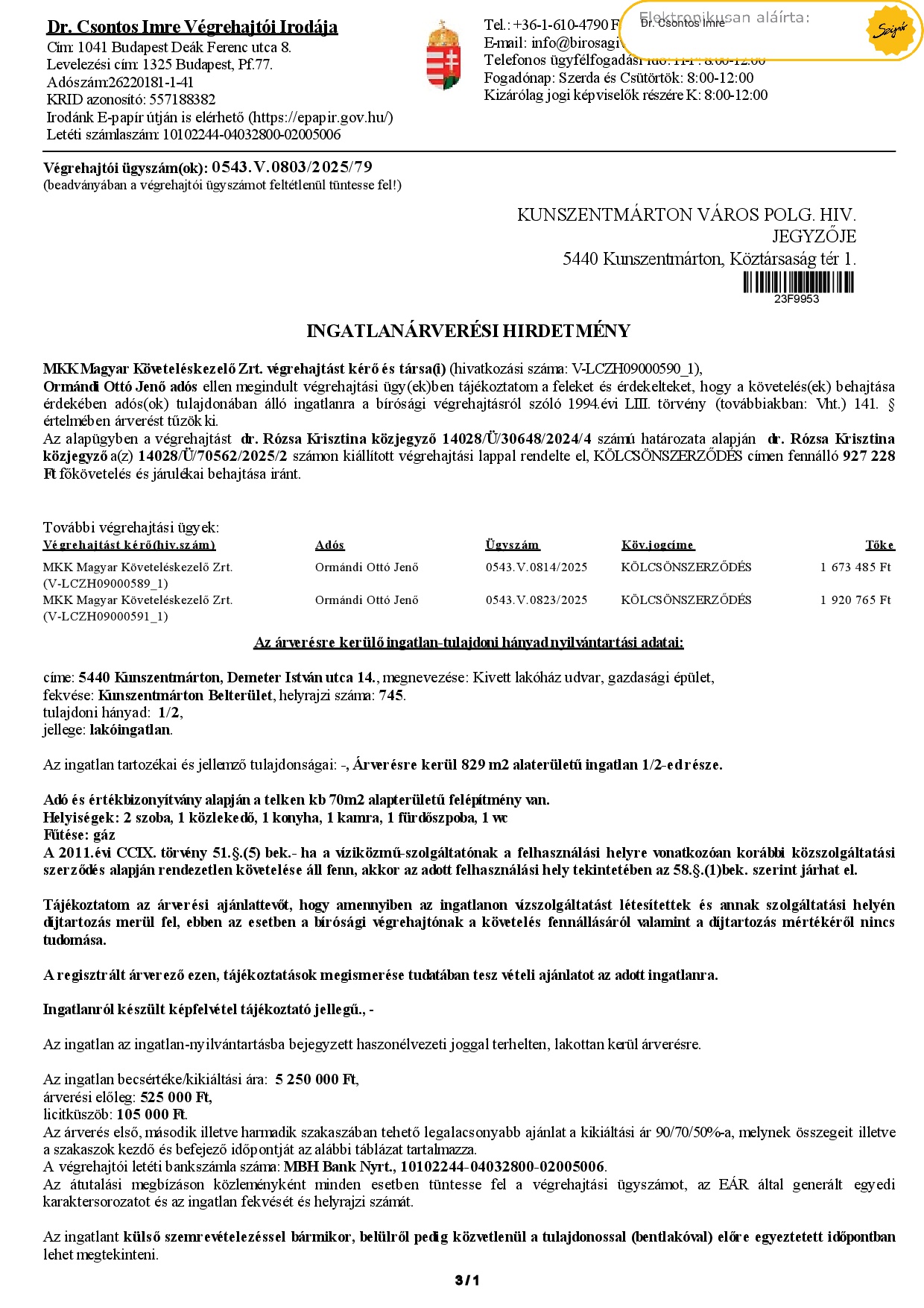 Ingatlanárverési hirdetmény  543.V.0803/2025/79 (Demeter u. 14.)