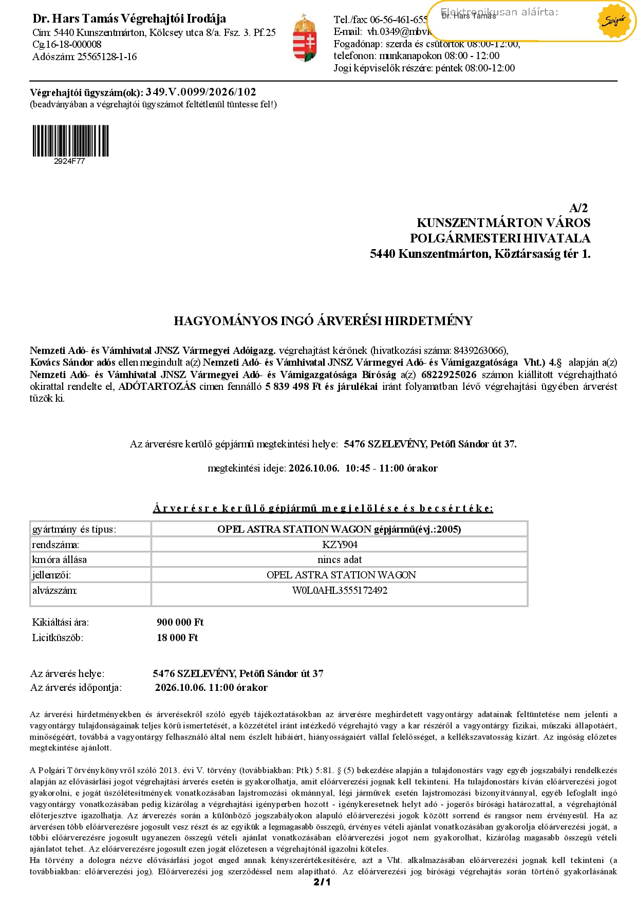 Ingó árverési hirdetmény  349.V.0099/2026/102 