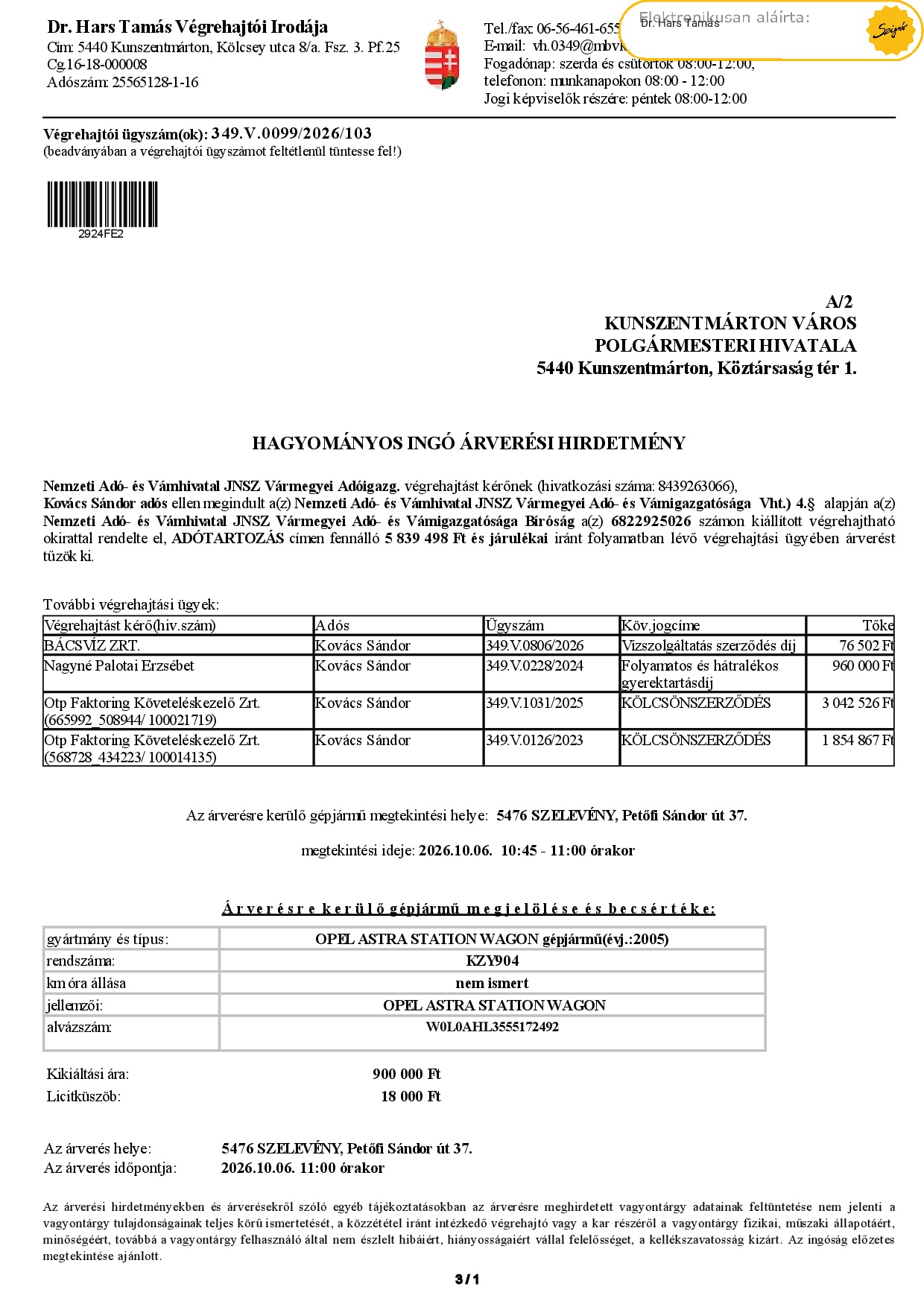 Ingó árverési hirdetmény  349.V.0099/2026/103