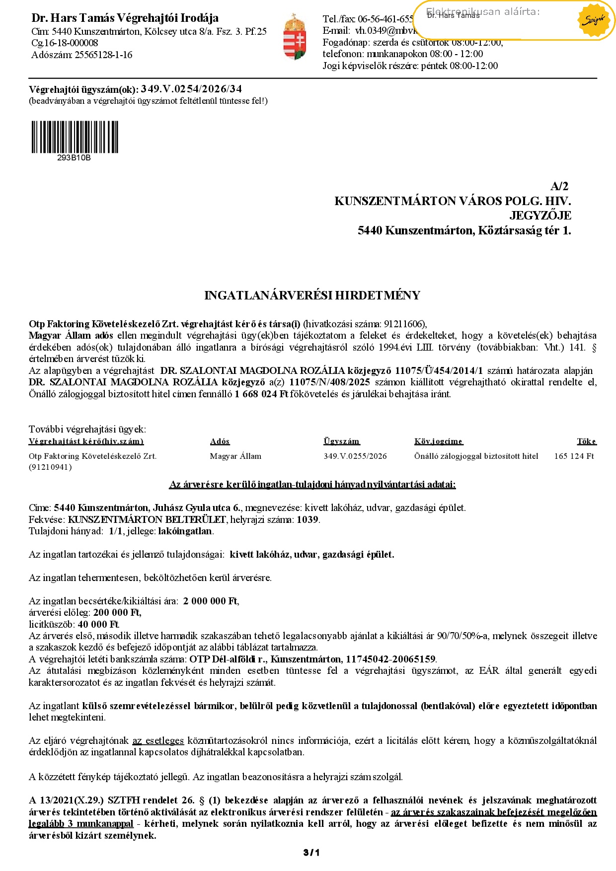 Ingatlanárverési hirdetmény 349.V.0254/2026/34 (Juhász Gy. 6.)