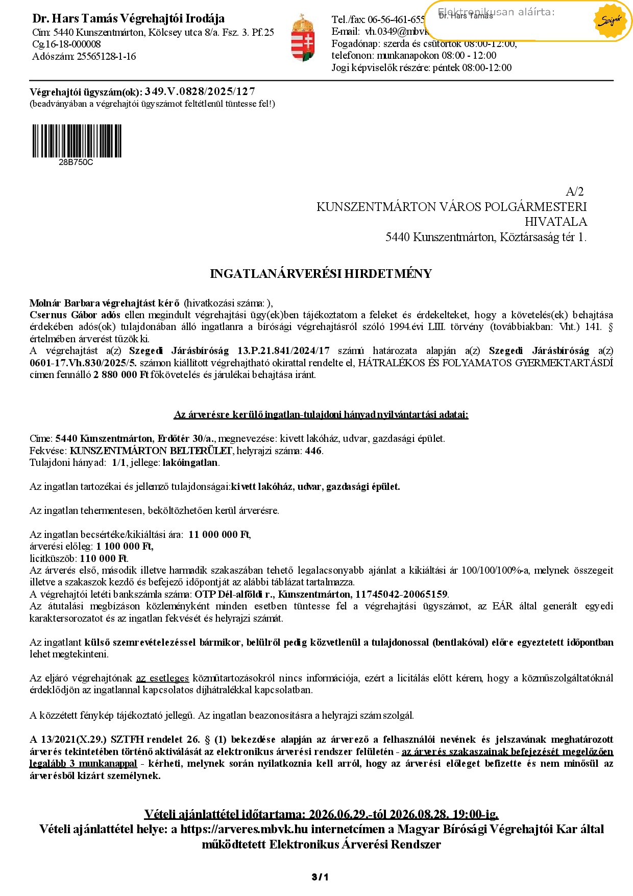 Ingatlanárverési hirdetmény  349.V.0828/2025/127 (Erdőtér 30/a) 