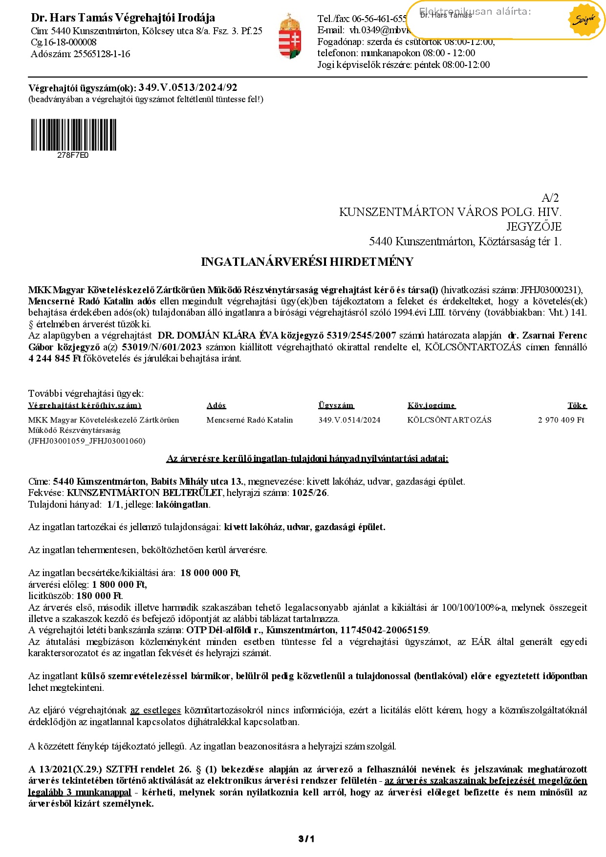 Ingatlanárverési hirdetmény  349.V.0513/2024/92 (Babits M. u. 13.) 