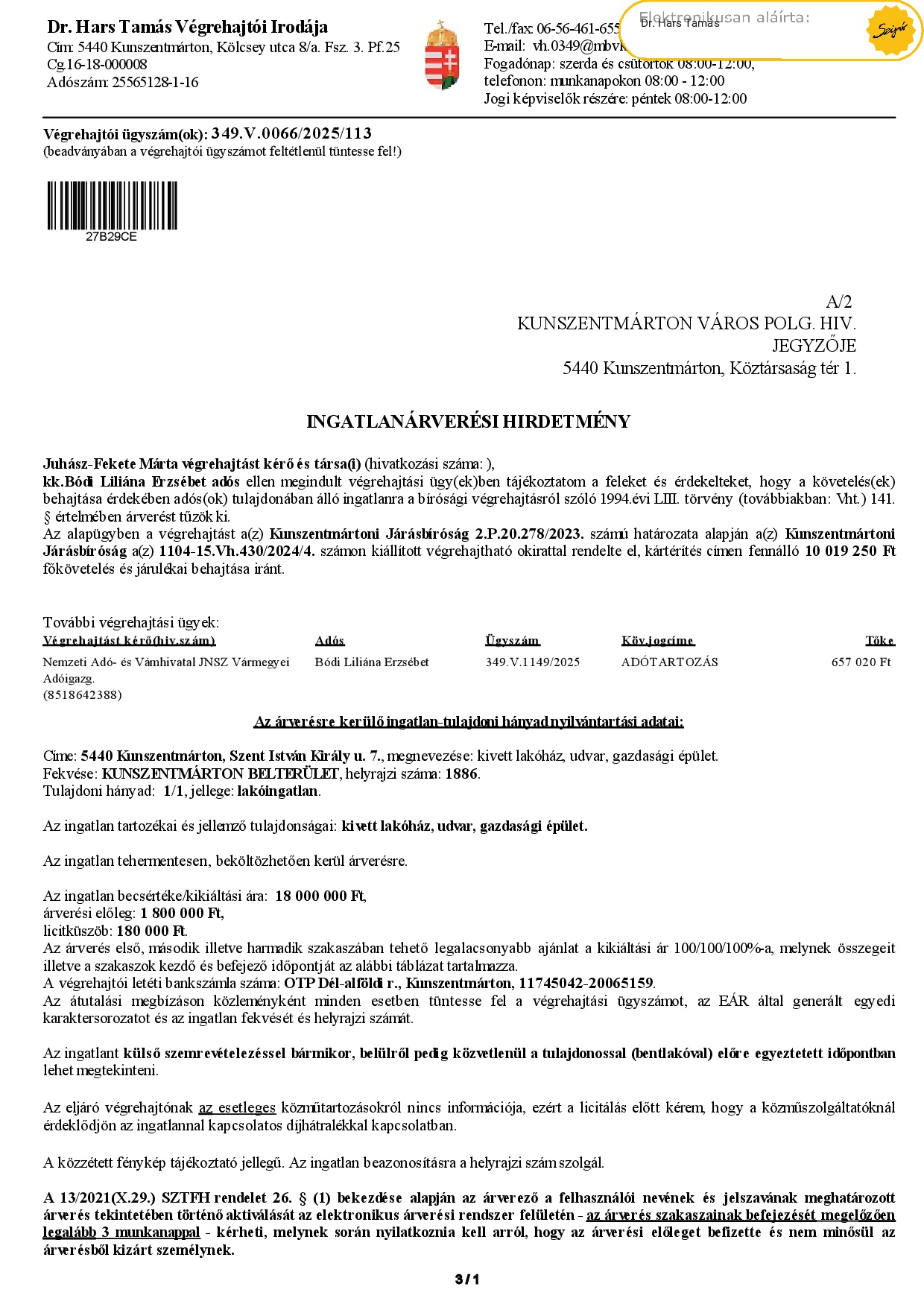 Ingatlanárverési hirdetmény 349.V.0066/2025/113 (Szent I. kir. u. 7.)