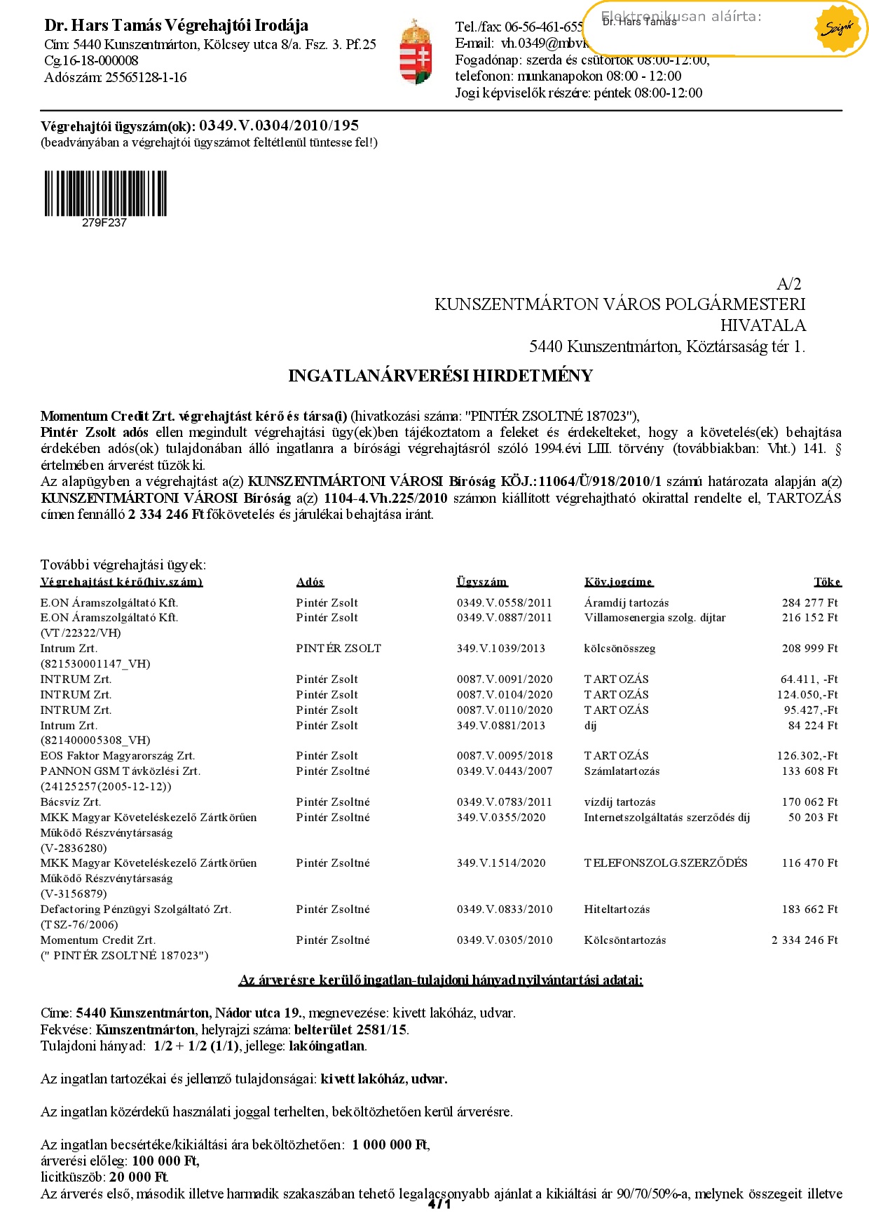 Ingatlanárverési hirdetmény  349.V.0304/2010/195 (Nádor. u. 19.)    