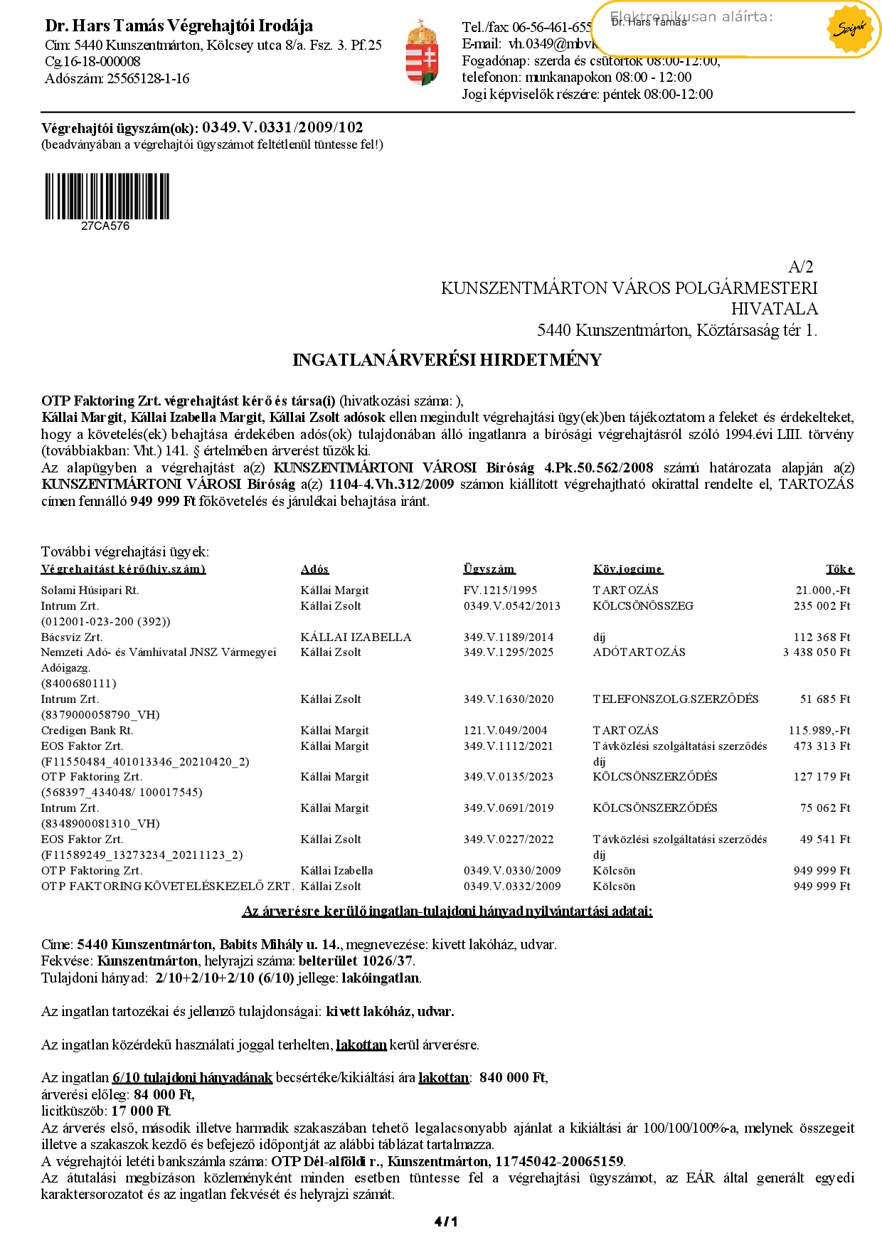 Ingatlanárverési hirdetmény  349.V.0331/2009/102 (Babits M. u. 14)