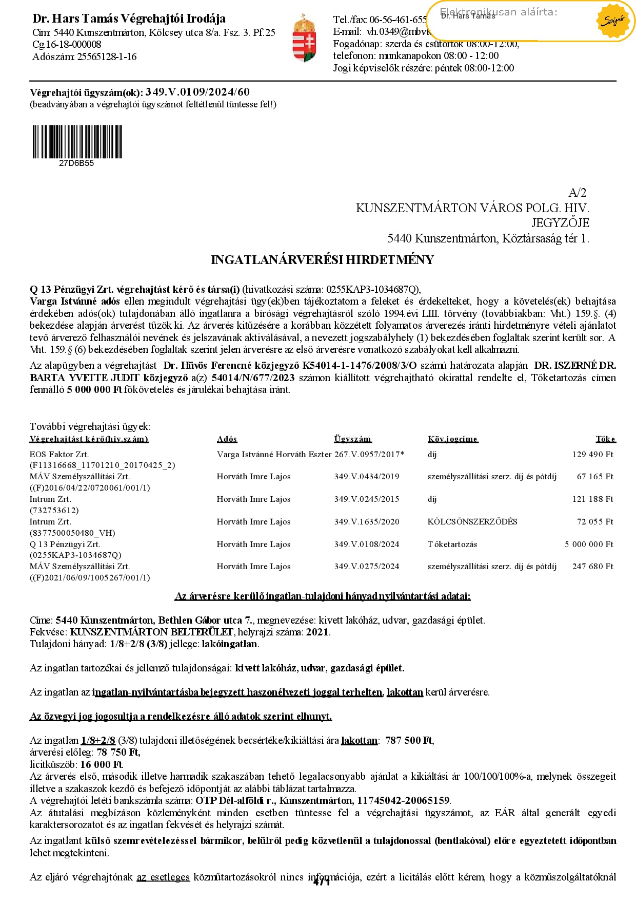 Ingatlanárverési hirdetmény  349.V.0109/2024/60 (Bethlen G. u. 7.)