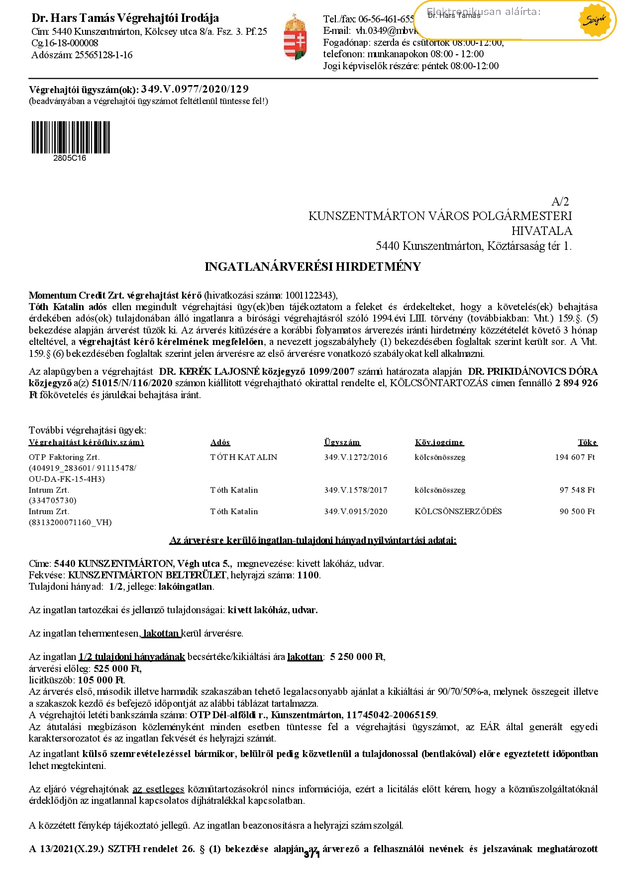 Ingatlanárverési hirdetmény  349.V.0977/2020/129 (Végh u. 5.)