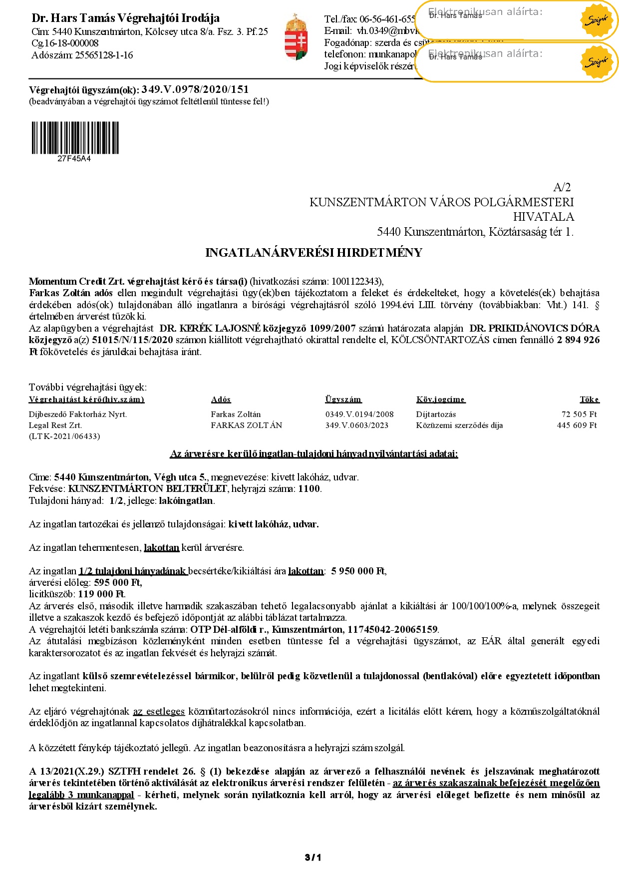 Ingatlanárverési hirdetmény  349.V.0978/2020/151 (Végh u. 5.) 