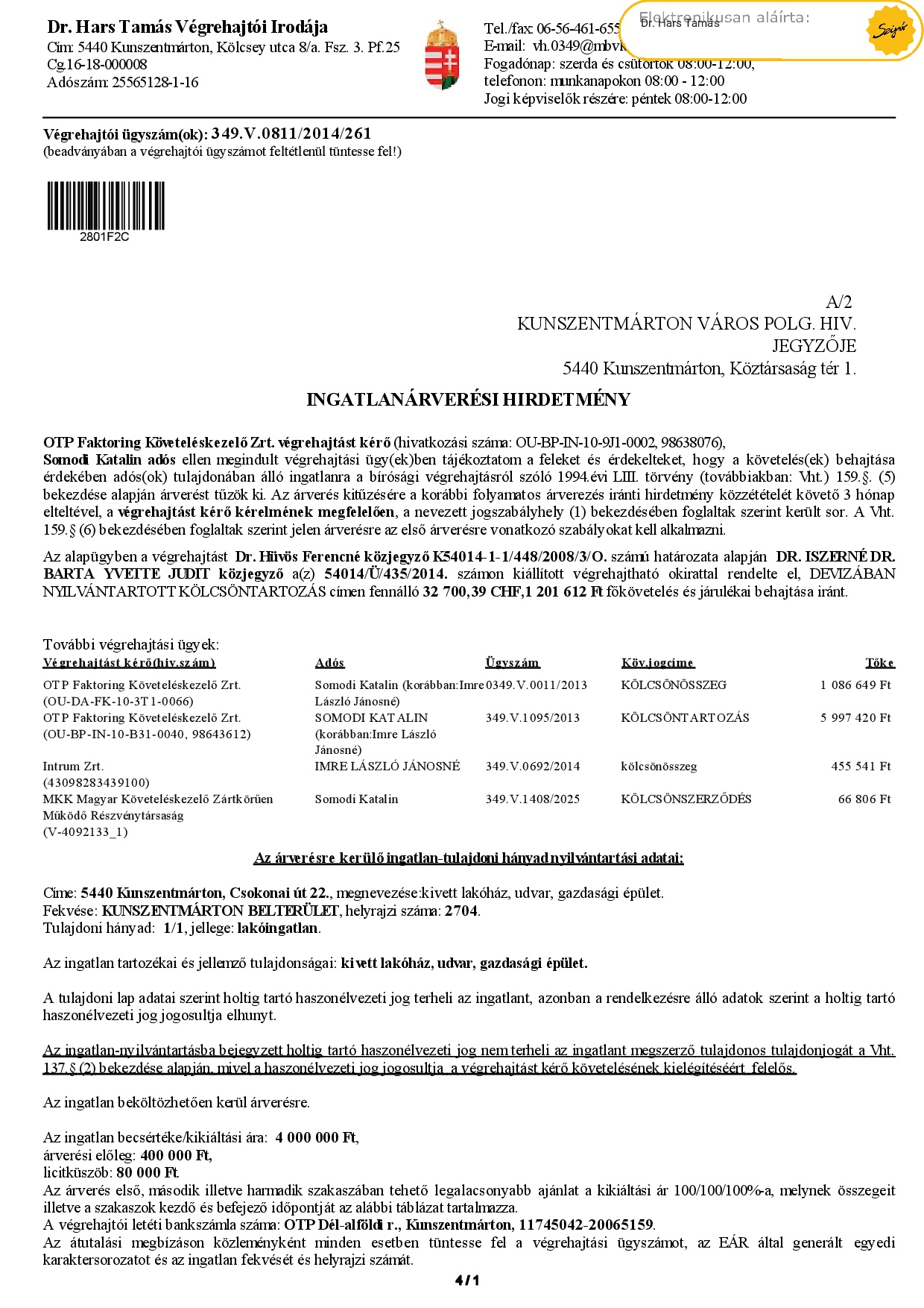Ingatlanárverési hirdetmény  349.V.0811/2014/261 (Csokonai u. 22.)   