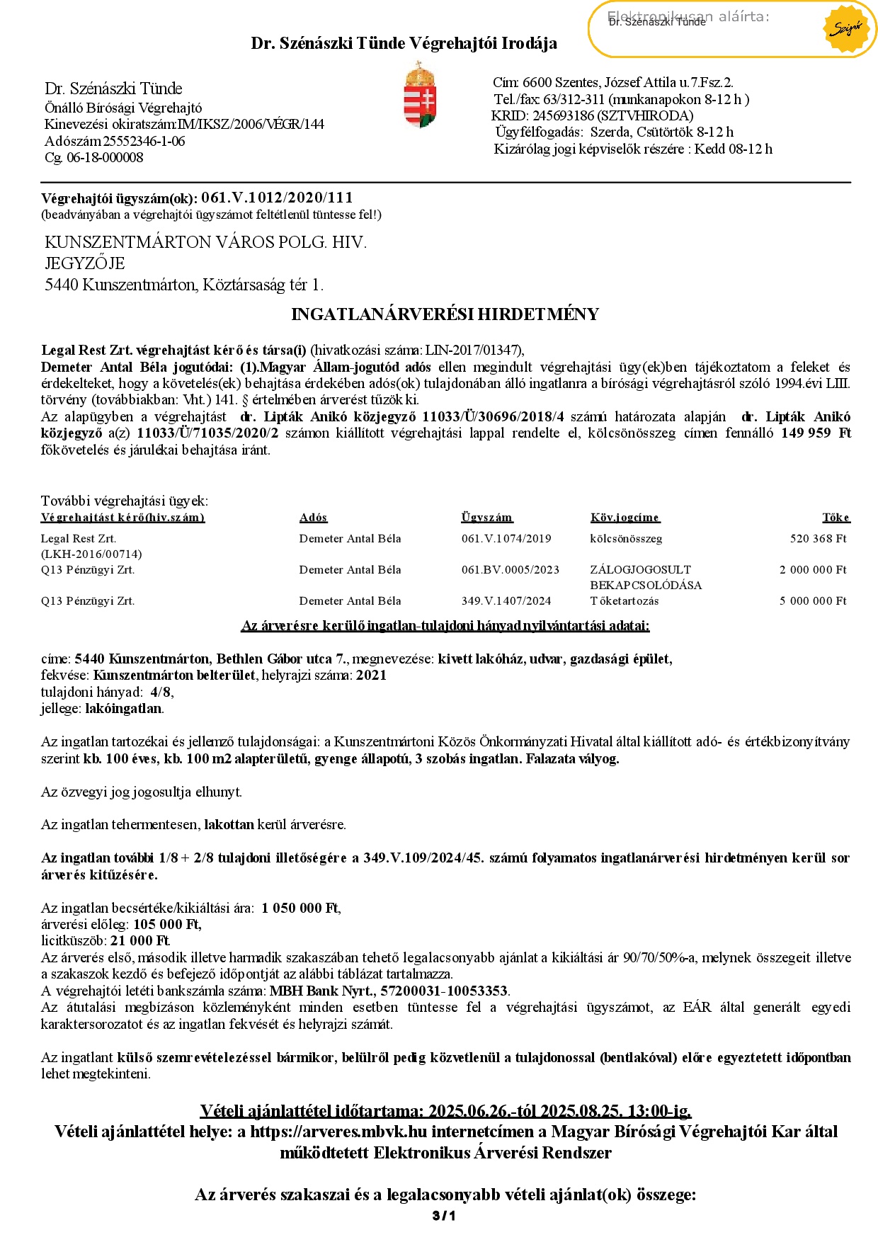 Ingatlanárverési hirdetmény  061.V.1012/2020/111 (Bethlen G. utca 7.)