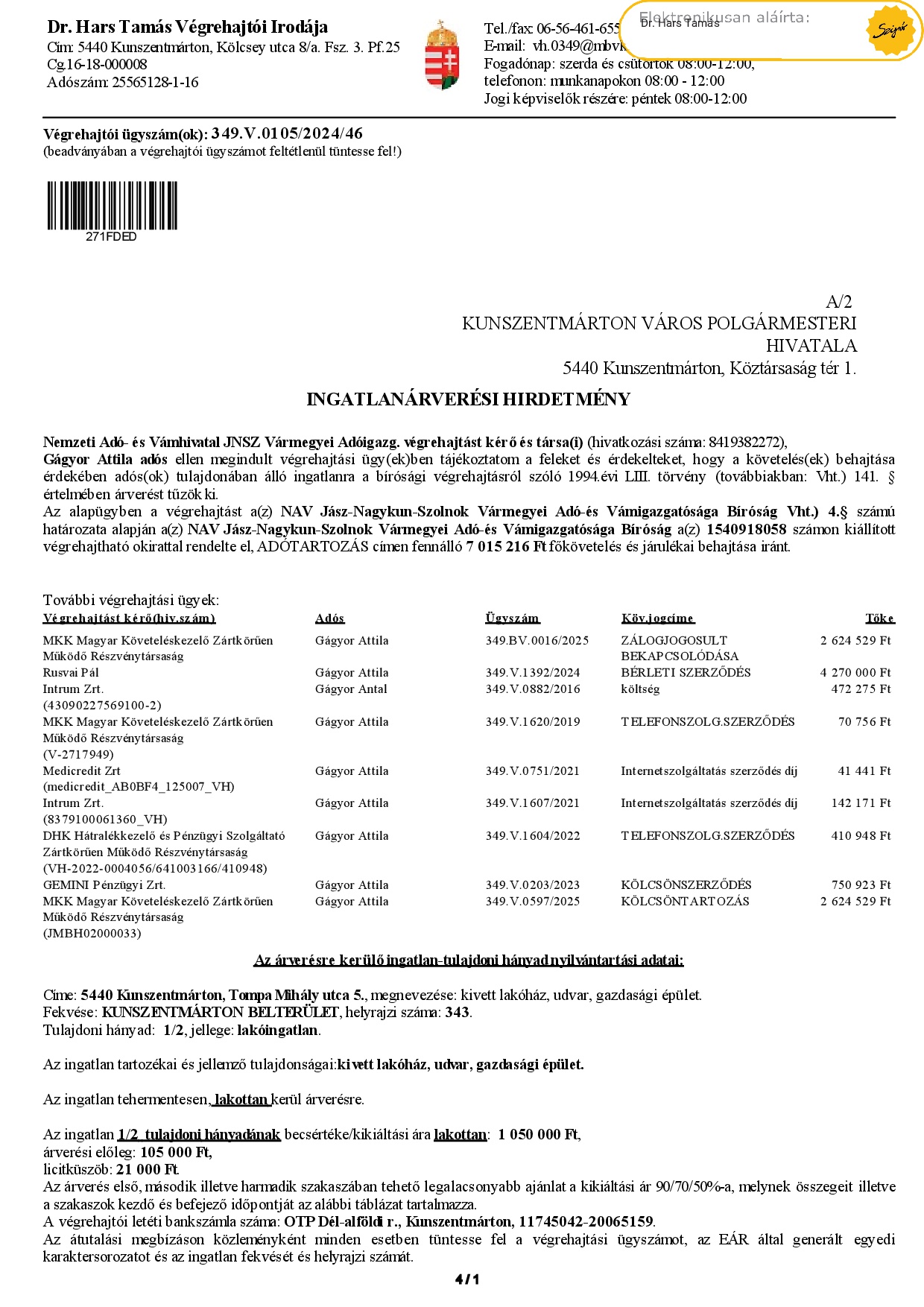 Ingatlanárverési hirdetmény 349.V.0105/2024/46 (Tompa u. 5.)