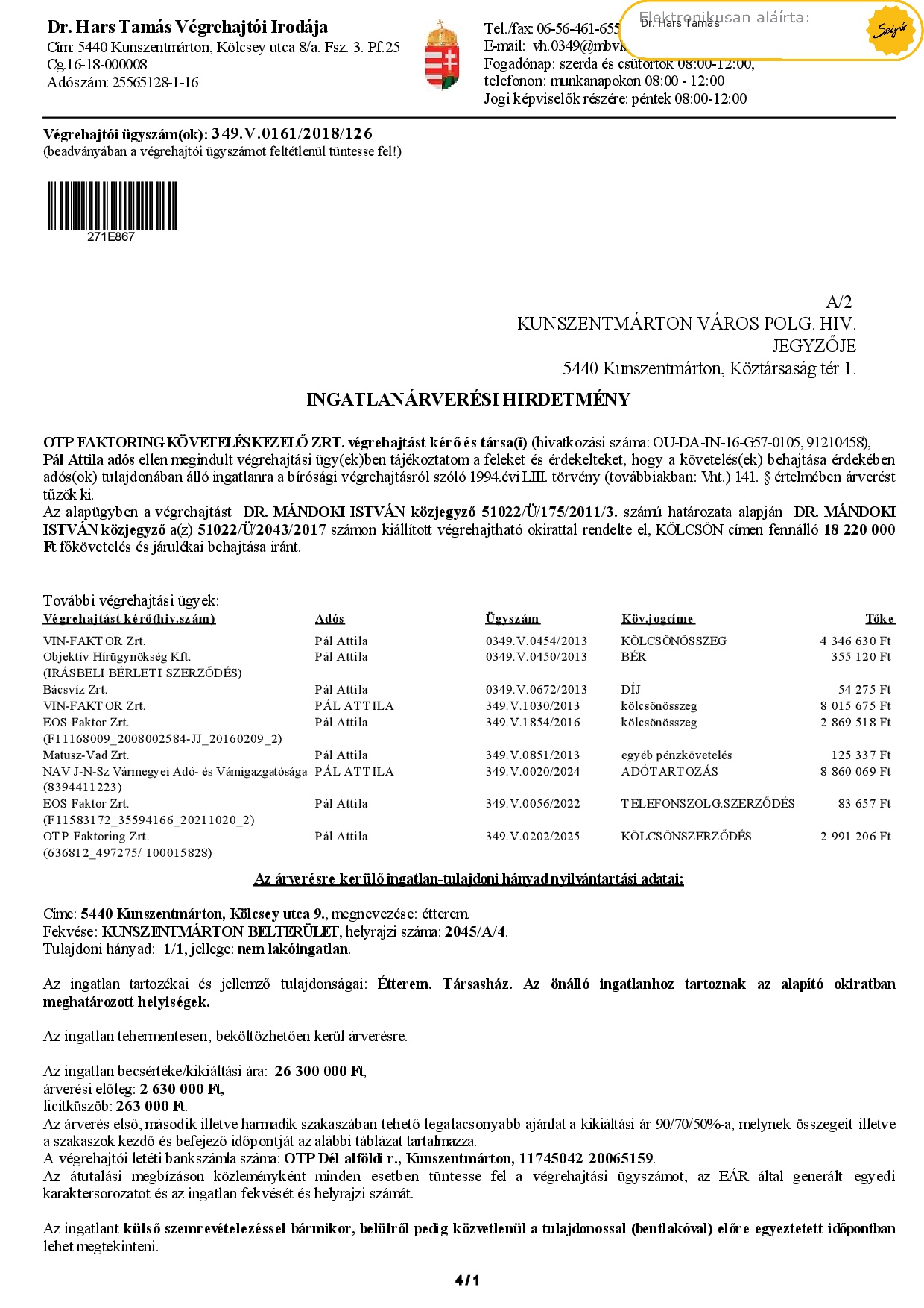 Ingatlanárverési hirdetmény  349.V.0161/2018/126 (Kölcsey u. 9.)   