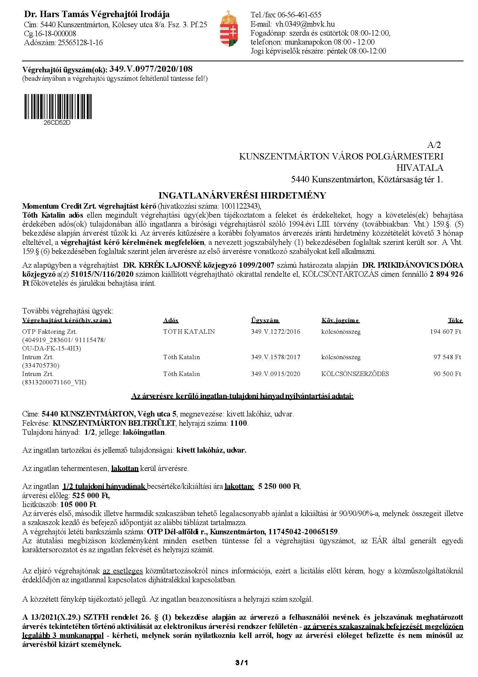 Ingatlanárverési hirdetmény  349.V.0977/2020/108 (Végh utca 5.)  