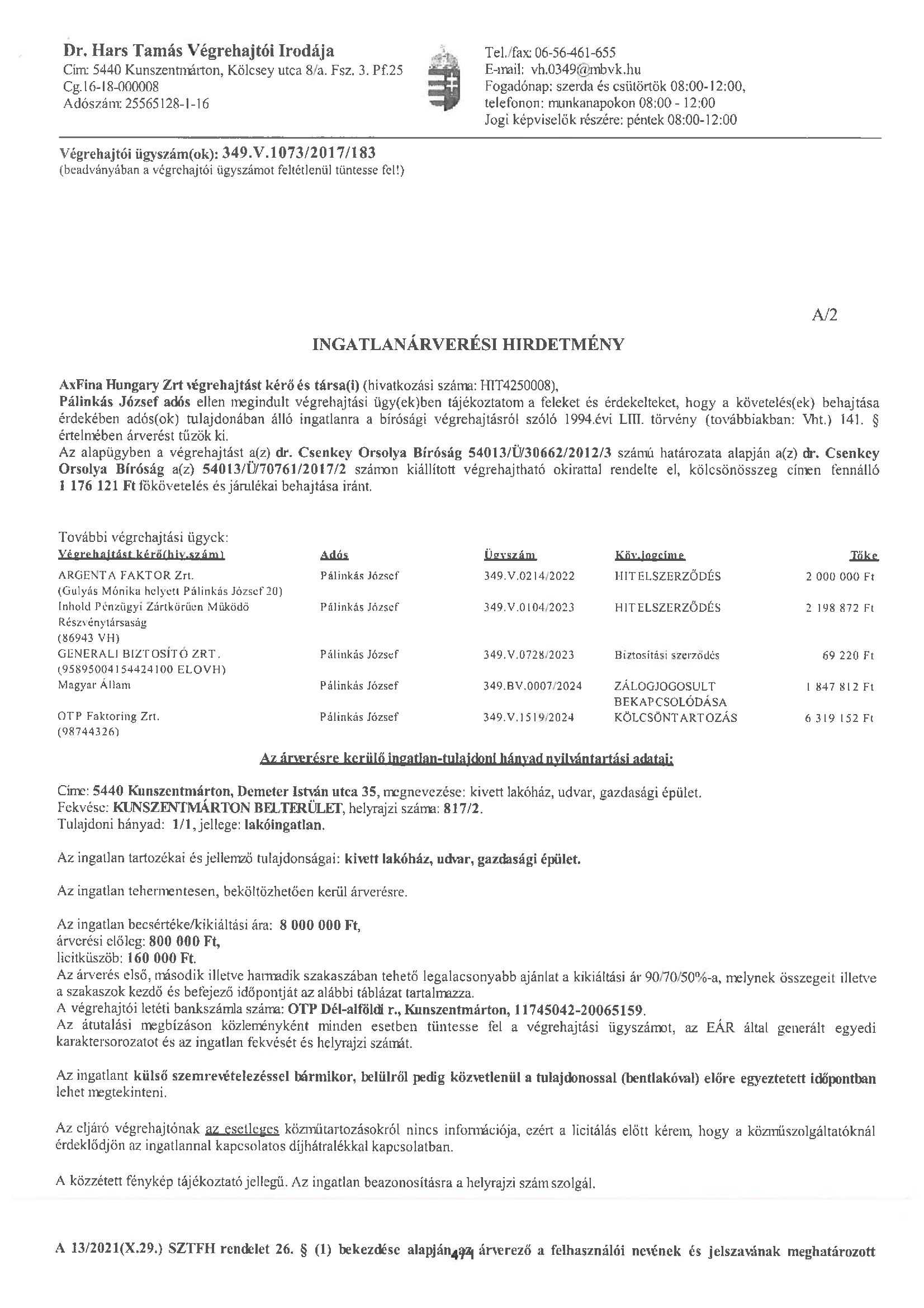 Ingatlanárverési hirdetmény  349.V.1073/2017/183 (Demeter I. u. 35.)     