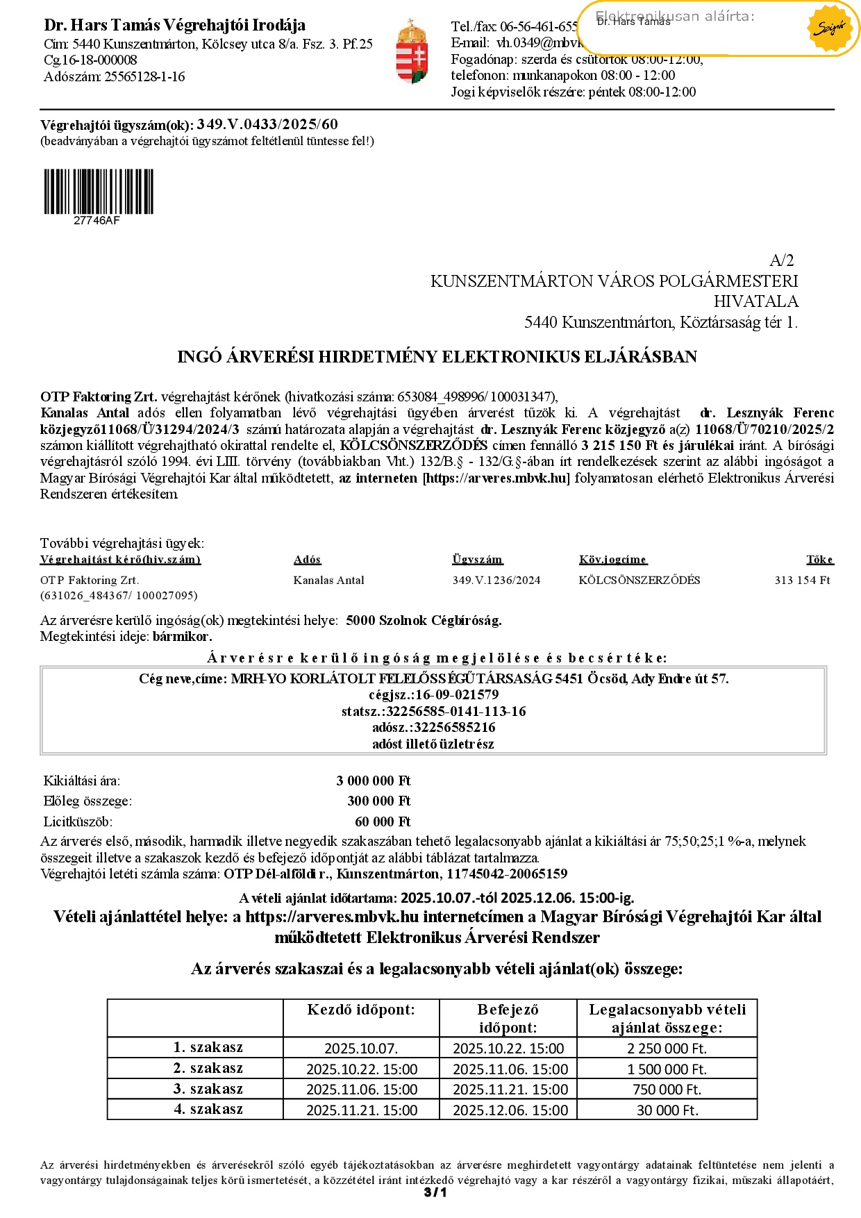 Ingó árverési hirdetmény  0349.V.0433/2025/60   