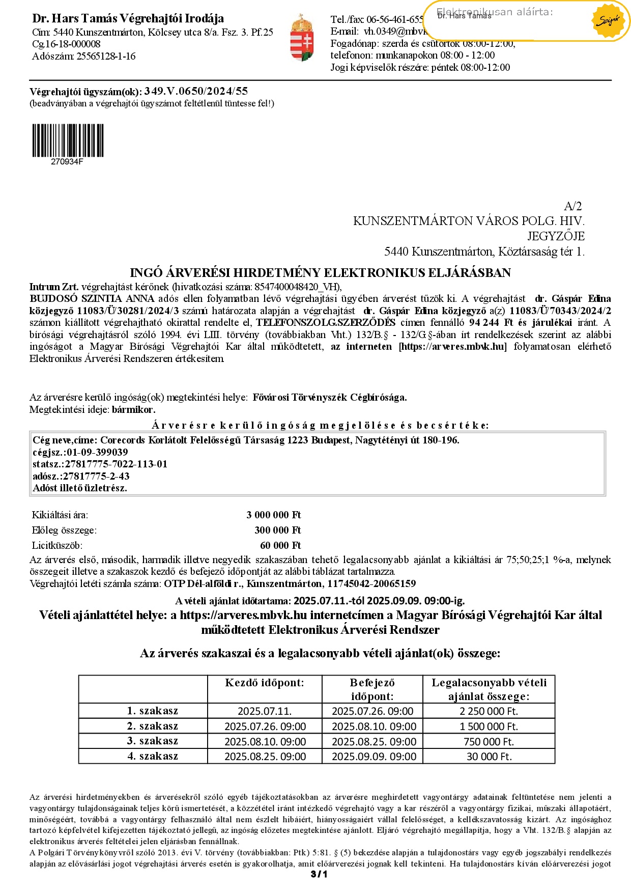Ingó árverési hirdetmény  0349.V.0650/2024/55 