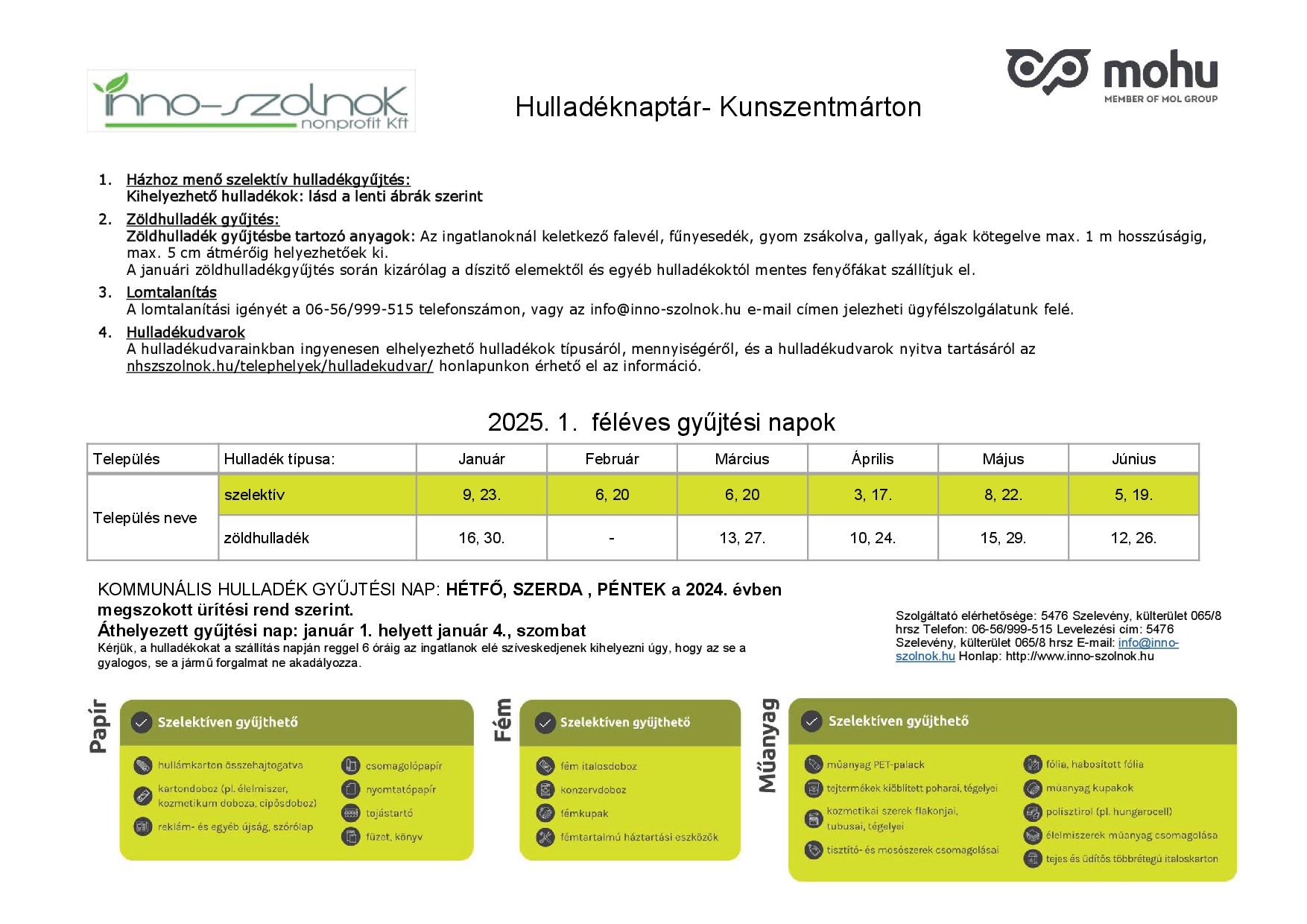 Hulladéknaptár - Kunszentmárton 2025.