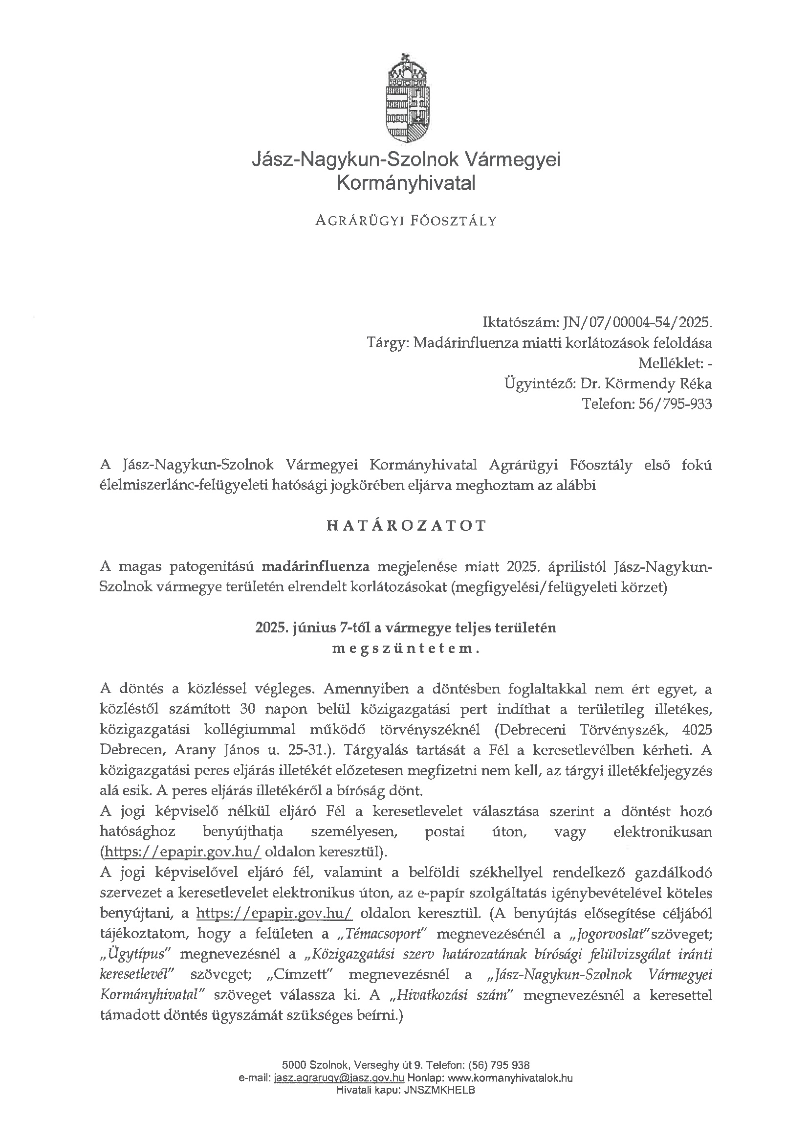 Határozat megfigyelési körzet feloldásáról (2025.06.06.)  