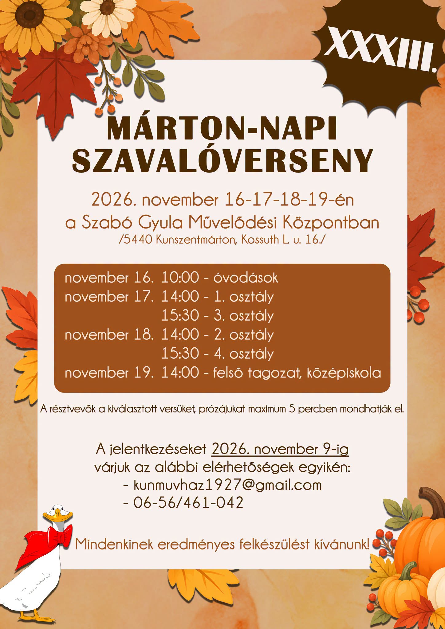 XXXIII. Márton-Napi Szavalóverseny 2026. november 16-17-18-19.