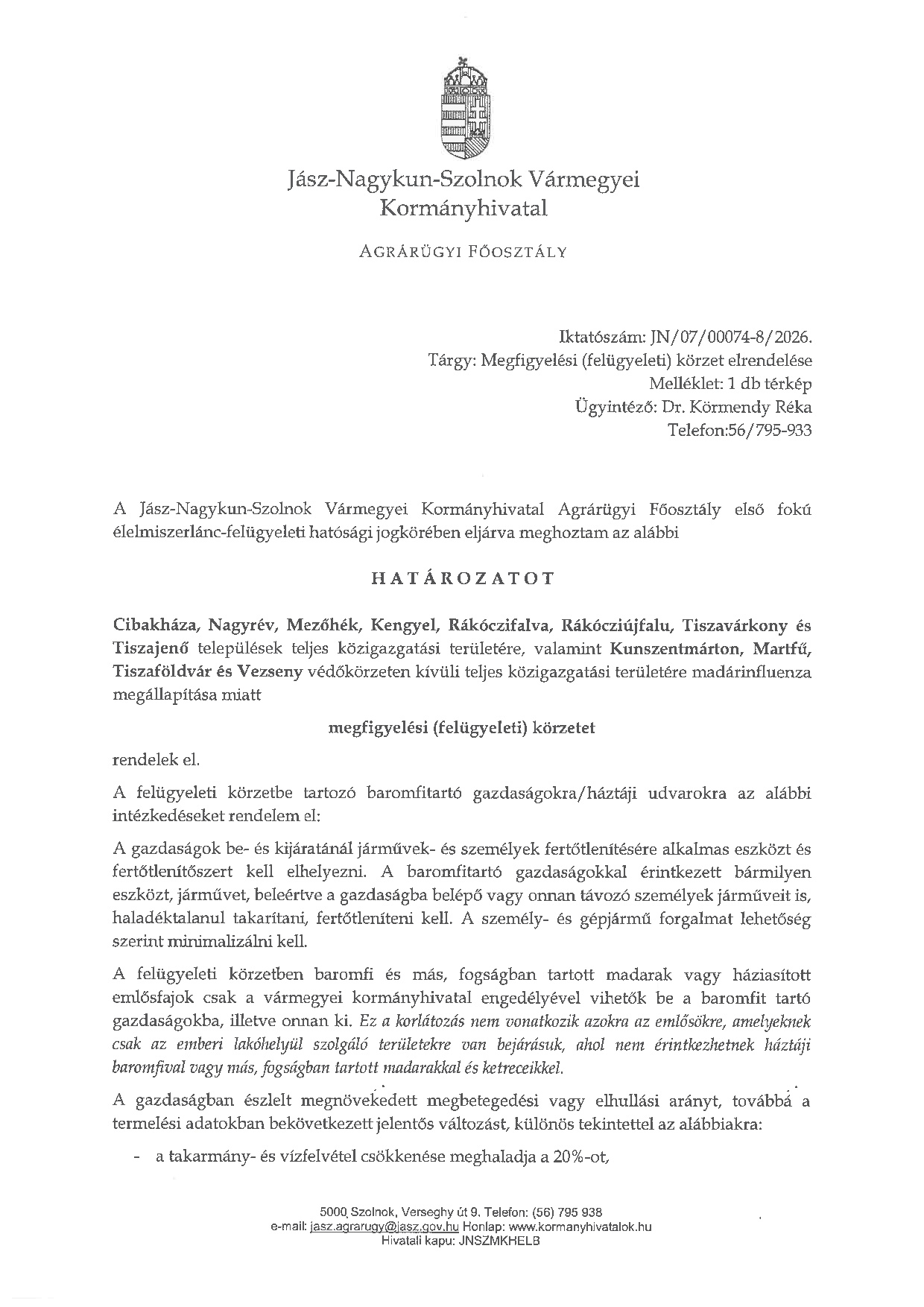 Határozat megfigyelési körzet elrendeléséről (2026.01.29.)