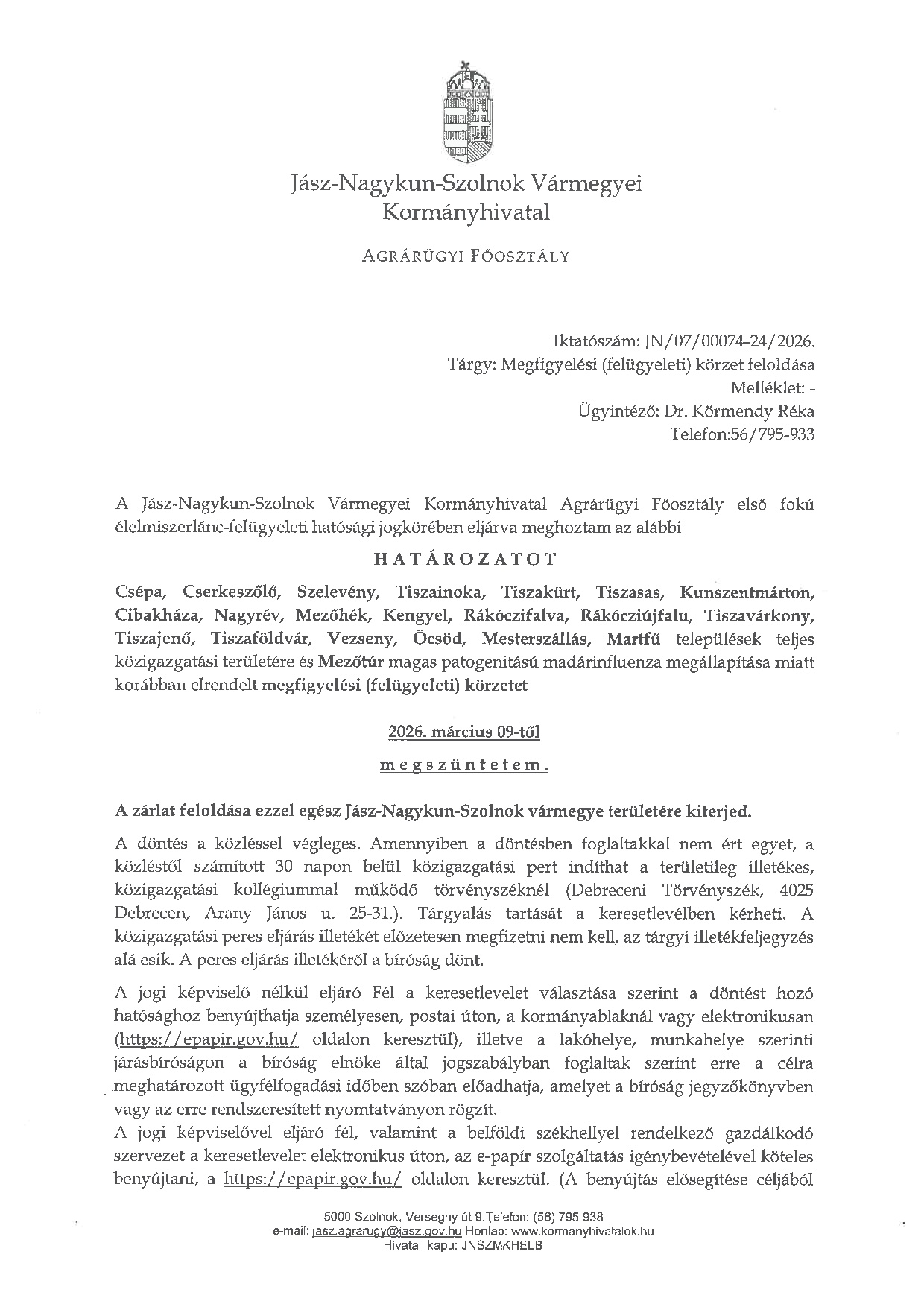 Határozat megfigyelési körzet feloldásáról (2026.03.09.) 
