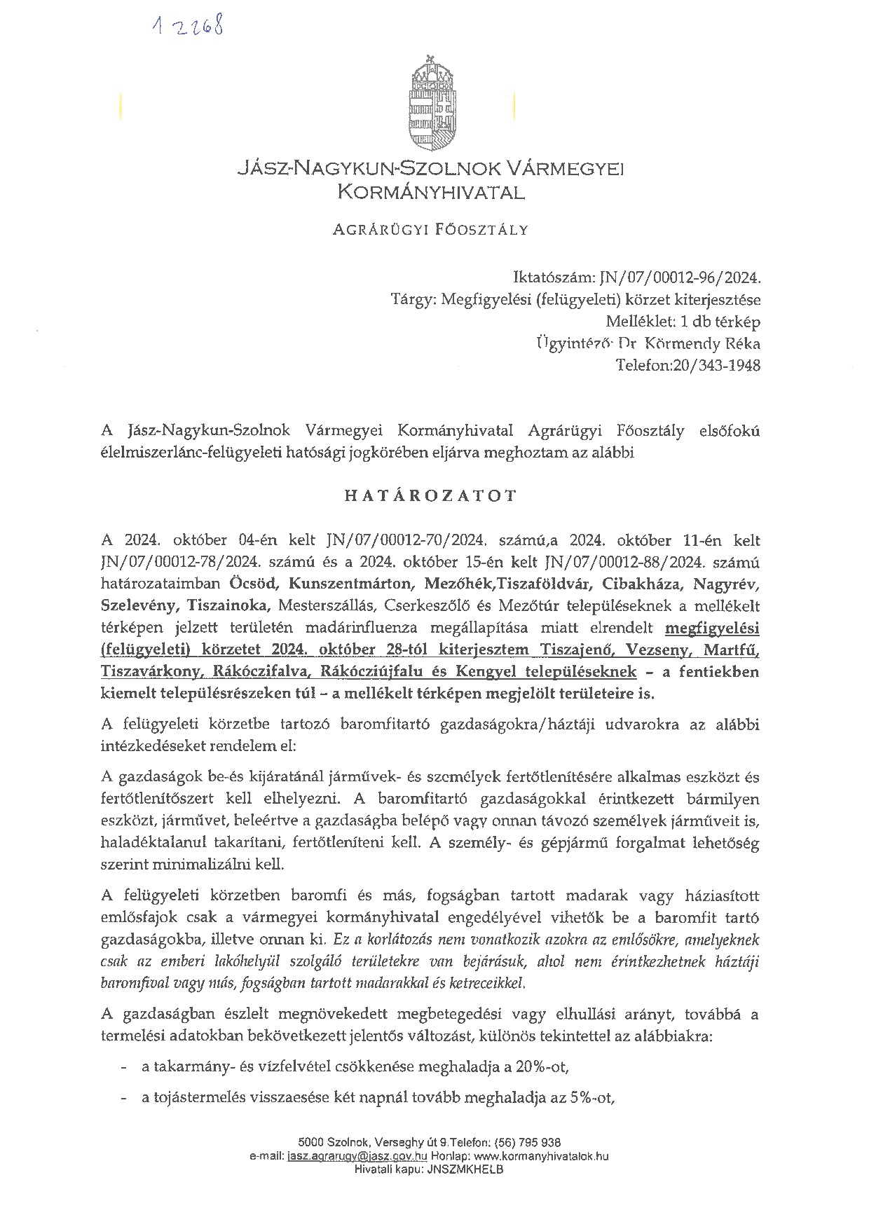 Határozat megfigyelési (felügyeleti) körzet és védőkörzet kiterjesztéséről 20241028-tól