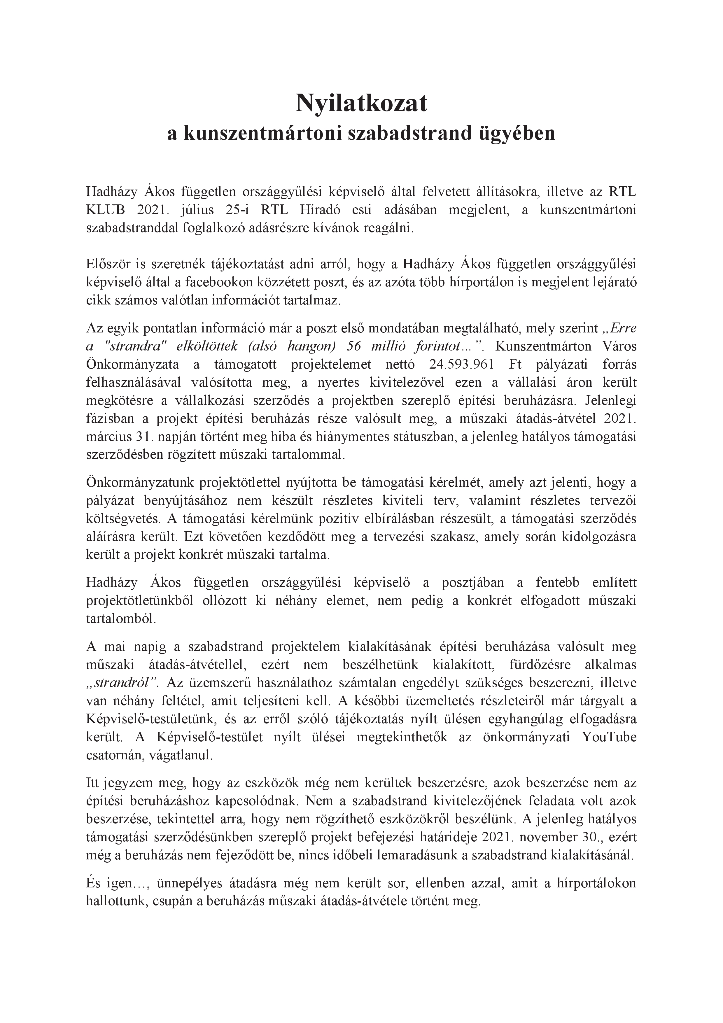 Nyilatkozat a kunszentmártoni szabadstrand ügyében