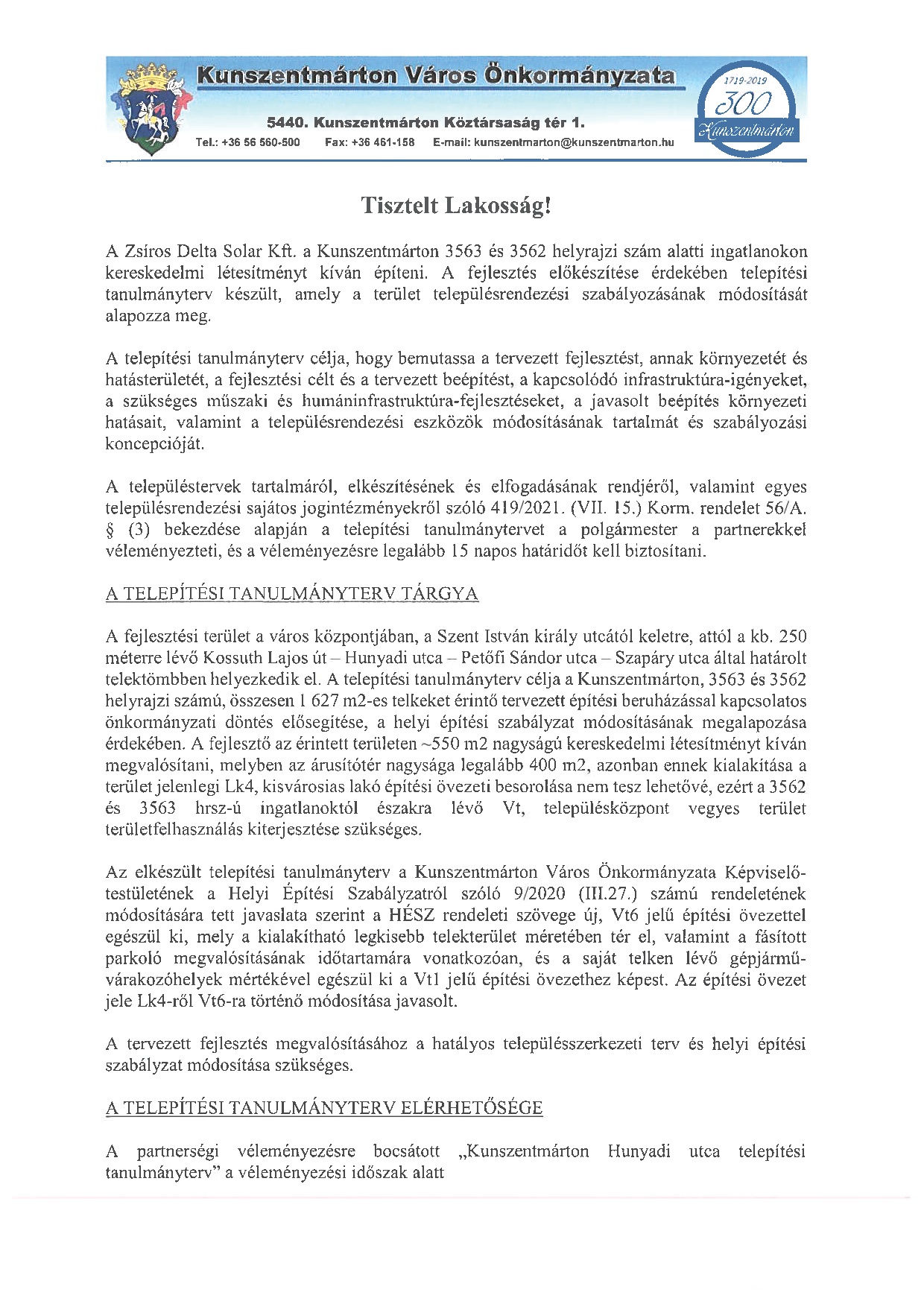 Telepítési tanulmányterv partnerségi egyeztetése