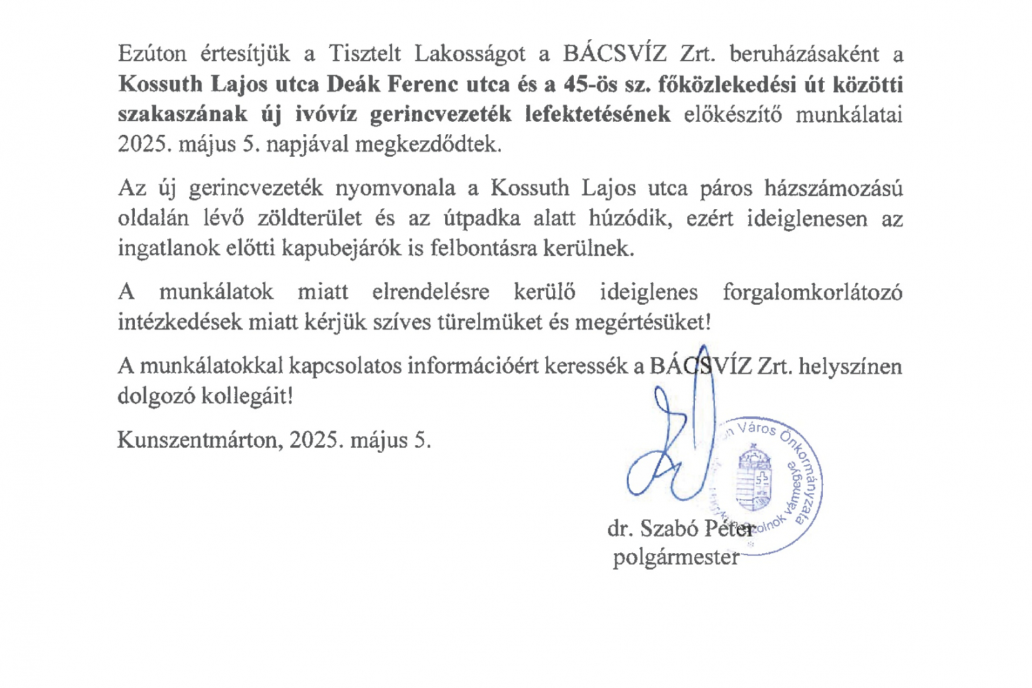 Közérdekű tájékoztatás! (Bácsvíz Zrt. 2025.05.05.) 