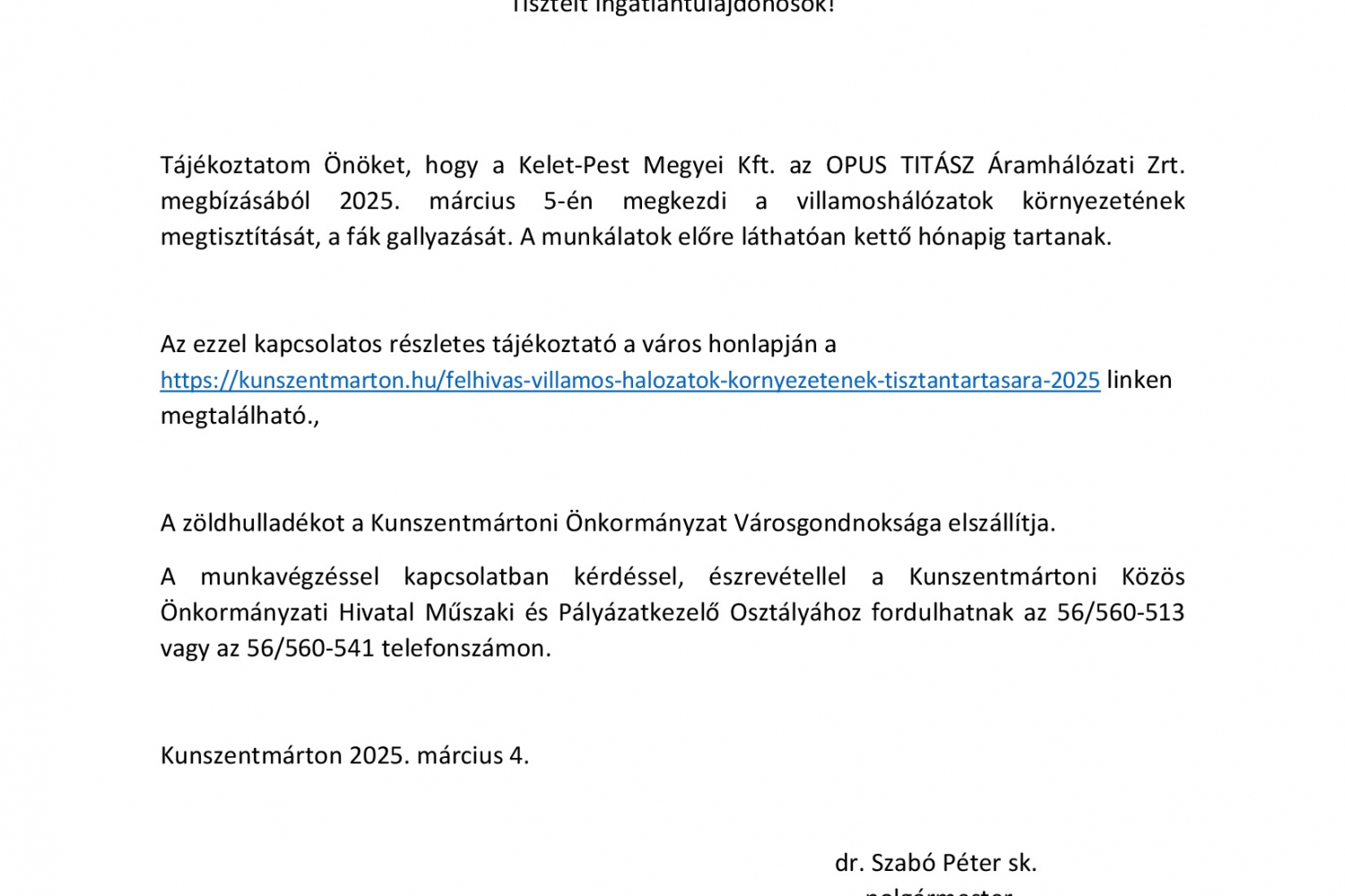 Tájékoztató villamos hálózatok környezetének megtisztításáról, fák gallyazásának munkálatairól 2025 március 5-től 