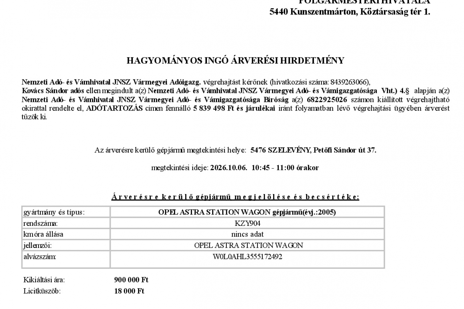 Ingó árverési hirdetmény  349.V.0099/2026/102 