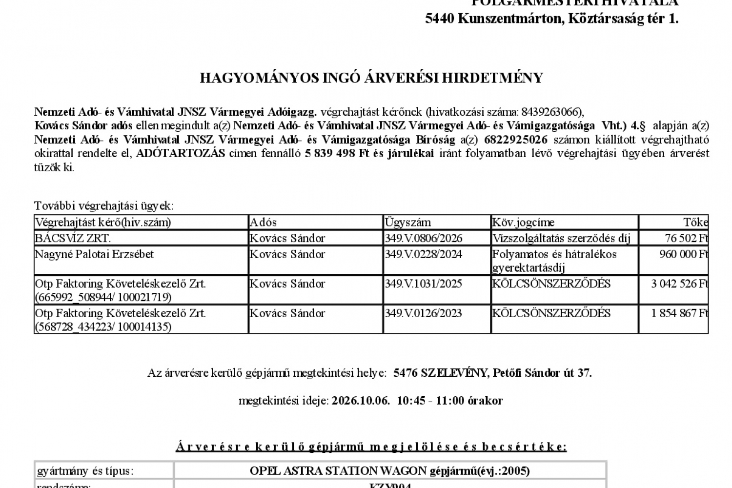 Ingó árverési hirdetmény  349.V.0099/2026/103