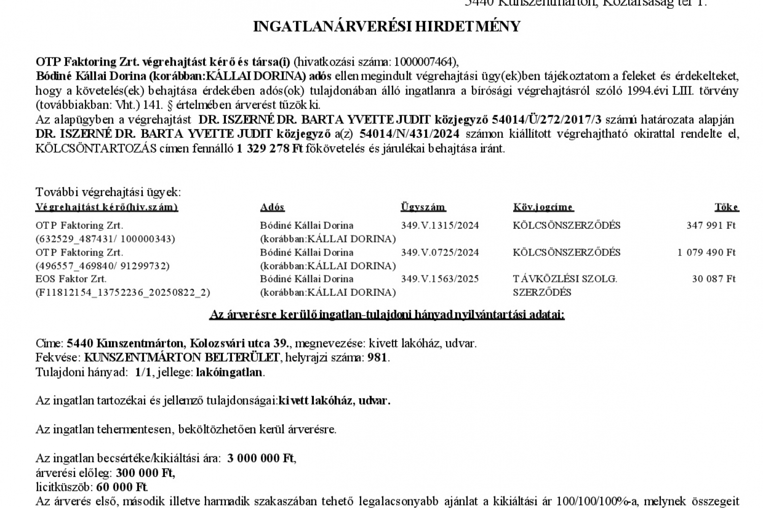 Ingatlanárverési hirdetmény  349.V.1411/2024/108 (Kolozsvári u. 39.)    