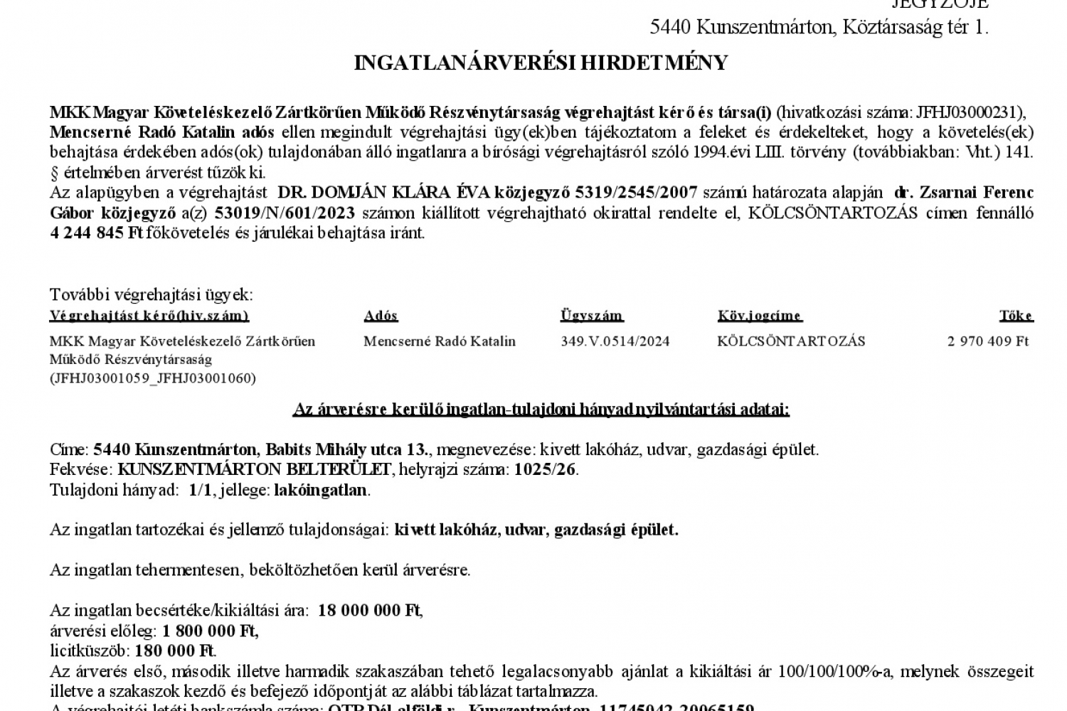 Ingatlanárverési hirdetmény  349.V.0513/2024/92 (Babits M. u. 13.) 