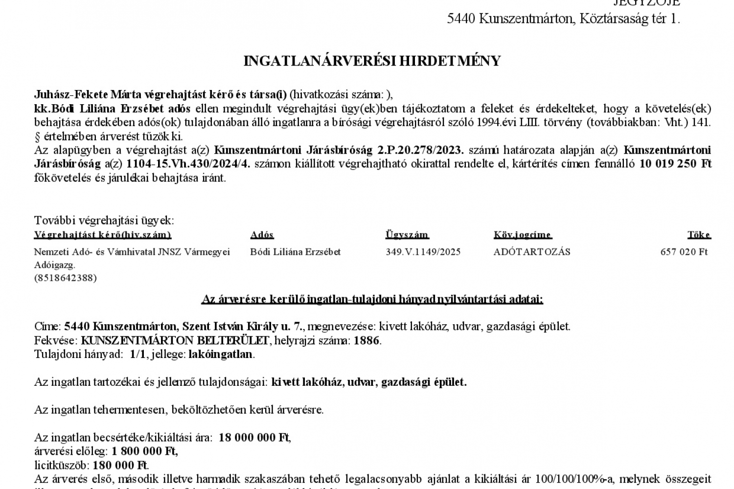 Ingatlanárverési hirdetmény  349.V.0066/2025/113 (Szent I. kir. u. 7.)  