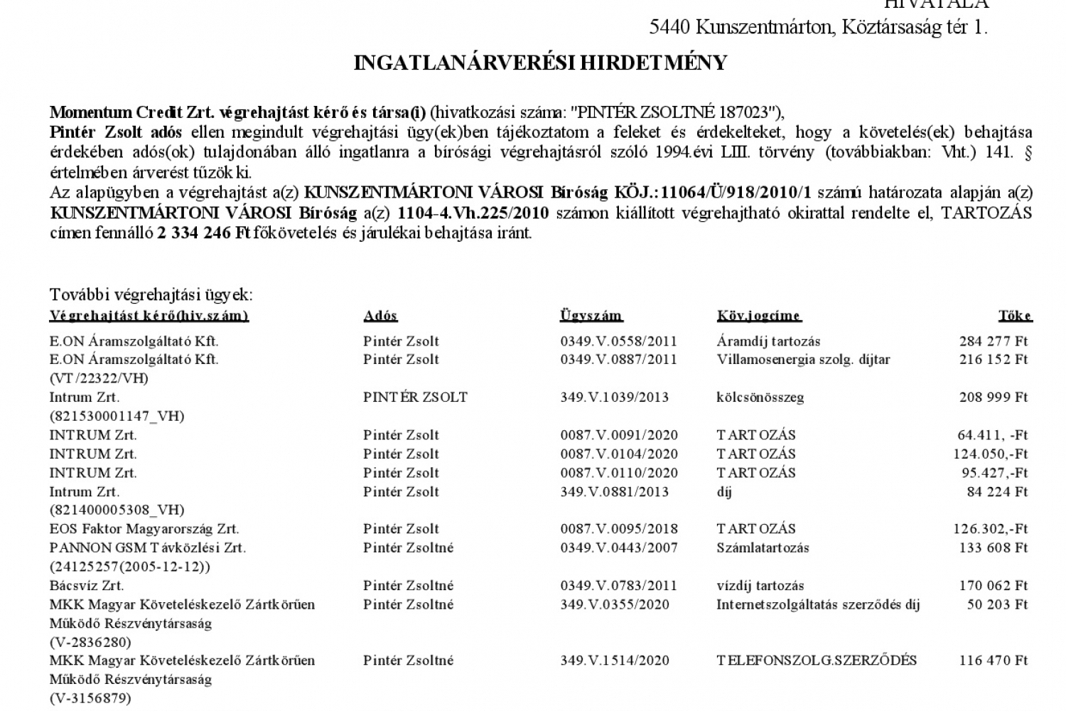 Ingatlanárverési hirdetmény  349.V.0304/2010/195 (Nádor. u. 19.)    