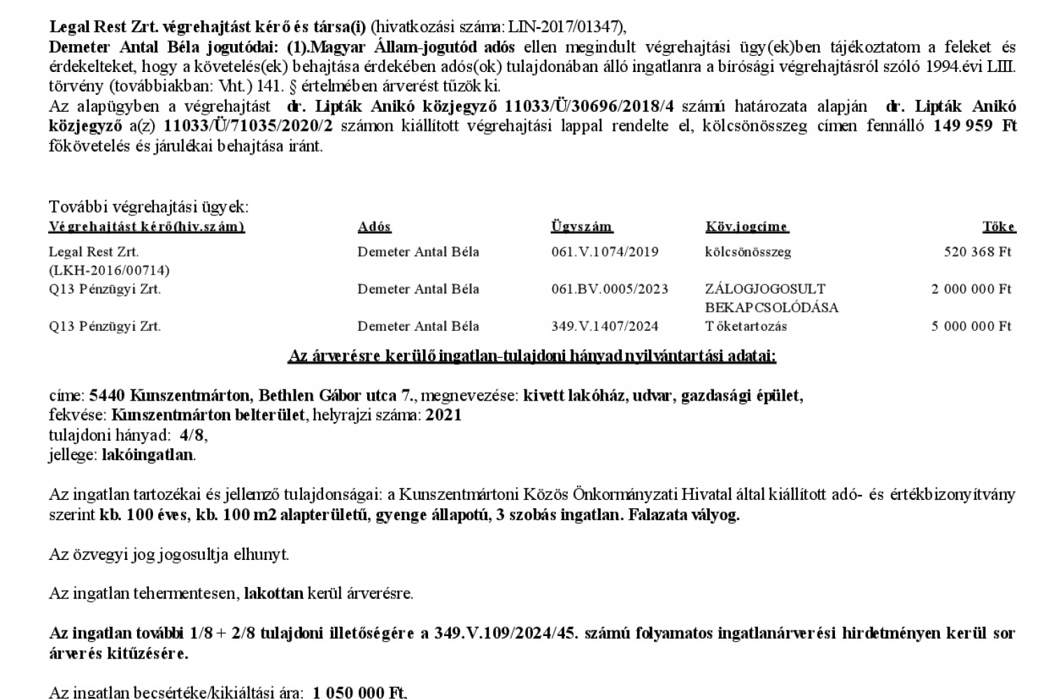Ingatlanárverési hirdetmény  061.V.1012/2020/111 (Bethlen G. utca 7.)