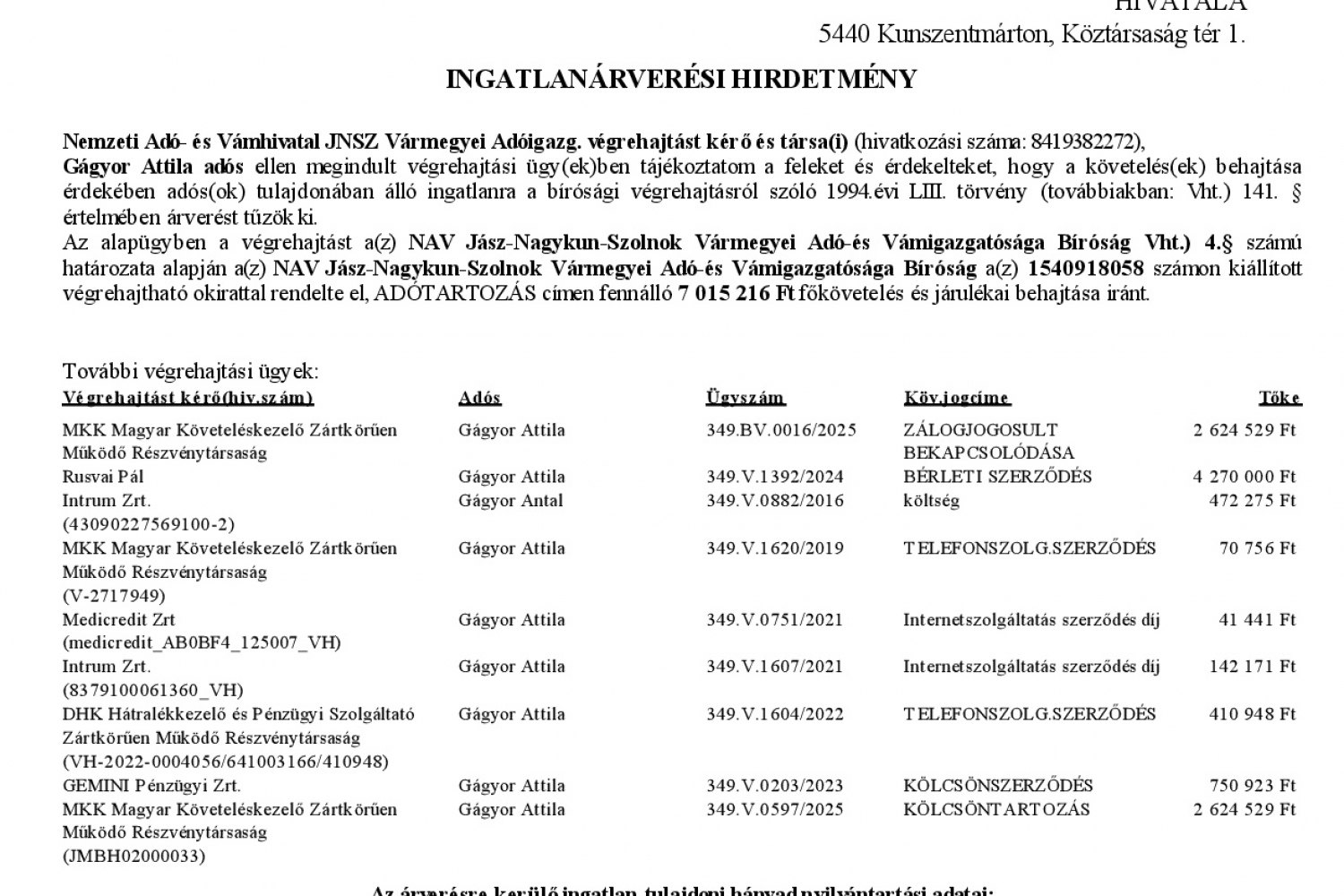 Ingatlanárverési hirdetmény  349.V.0105/2024/46 (Tompa u. 5.)  