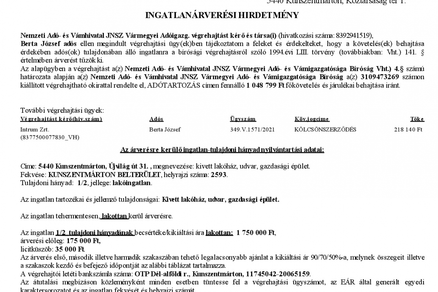 Ingatlanárverési hirdetmény  349.V.0200/2025/43 (Újvilág út 31.) 