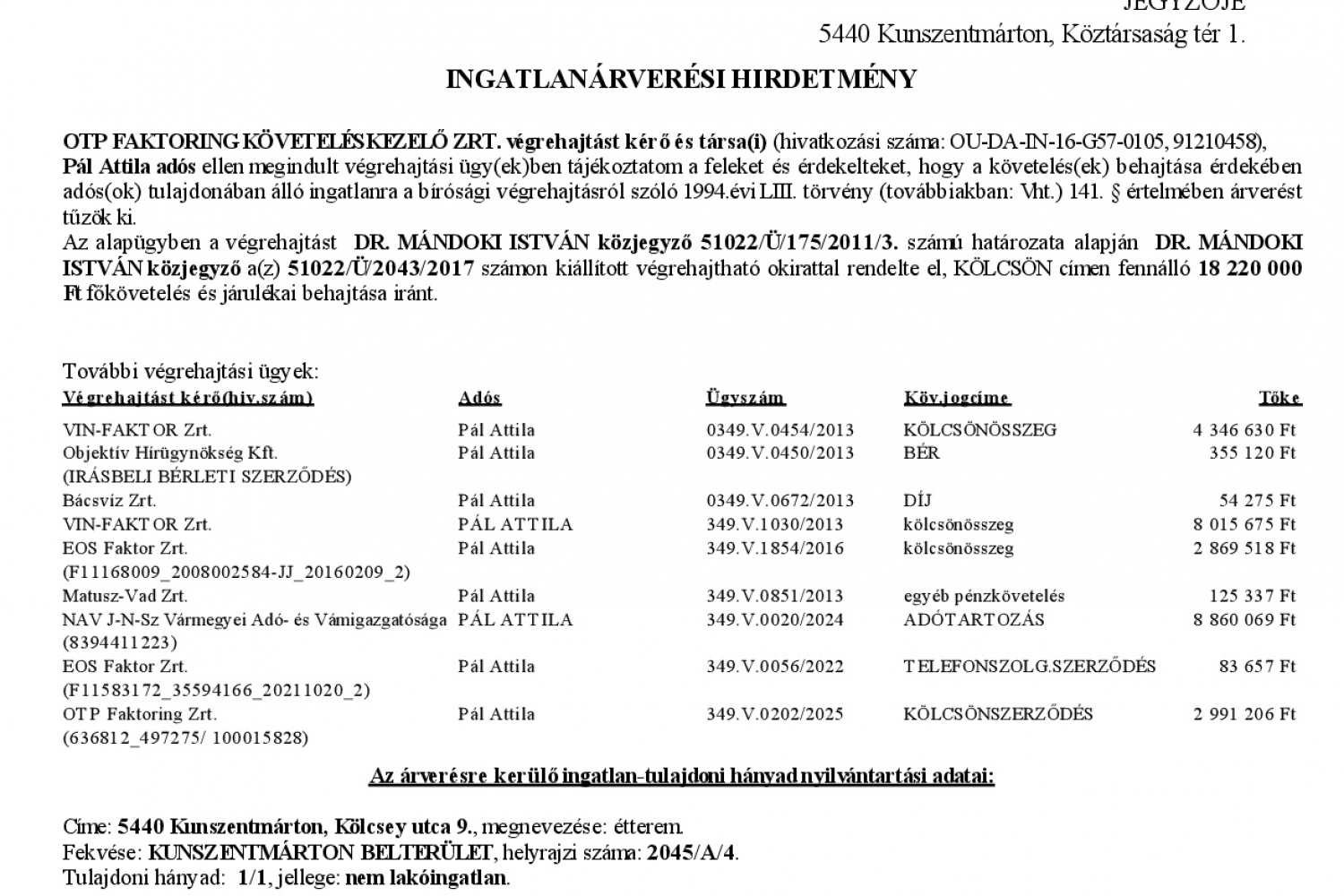 Ingatlanárverési hirdetmény  349.V.0161/2018/126 (Kölcsey u. 9.)   