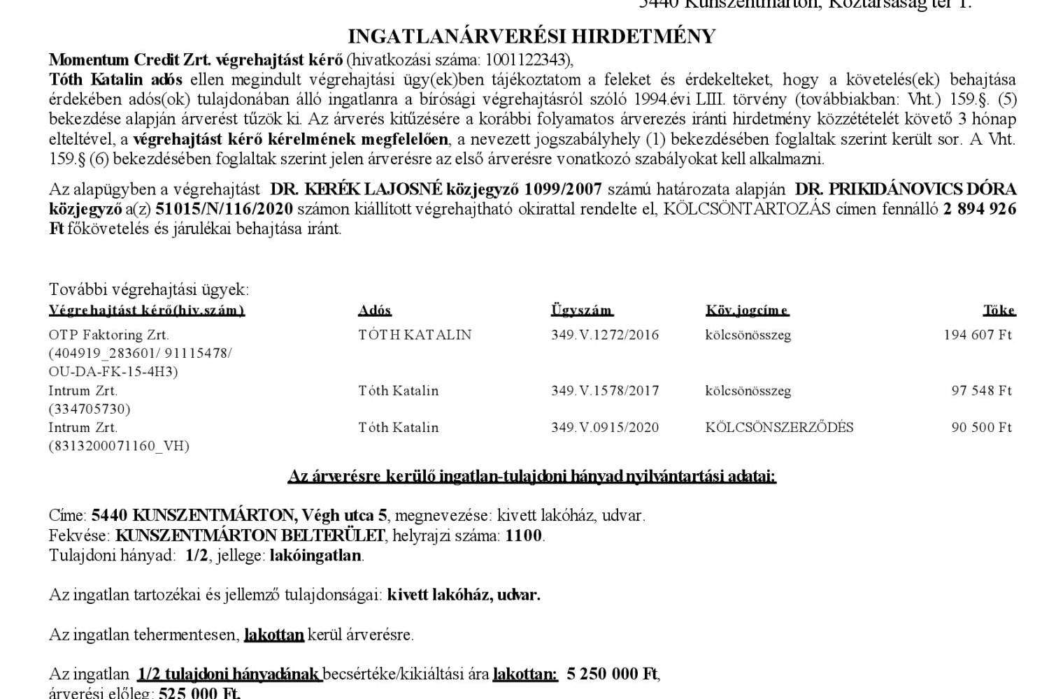 Ingatlanárverési hirdetmény  349.V.0977/2020/108 (Végh utca 5.)  