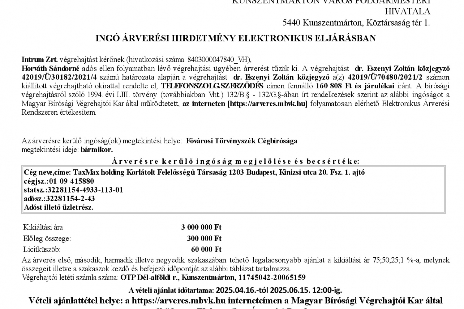 Ingó árverési hirdetmény  349.V.731/2021/95