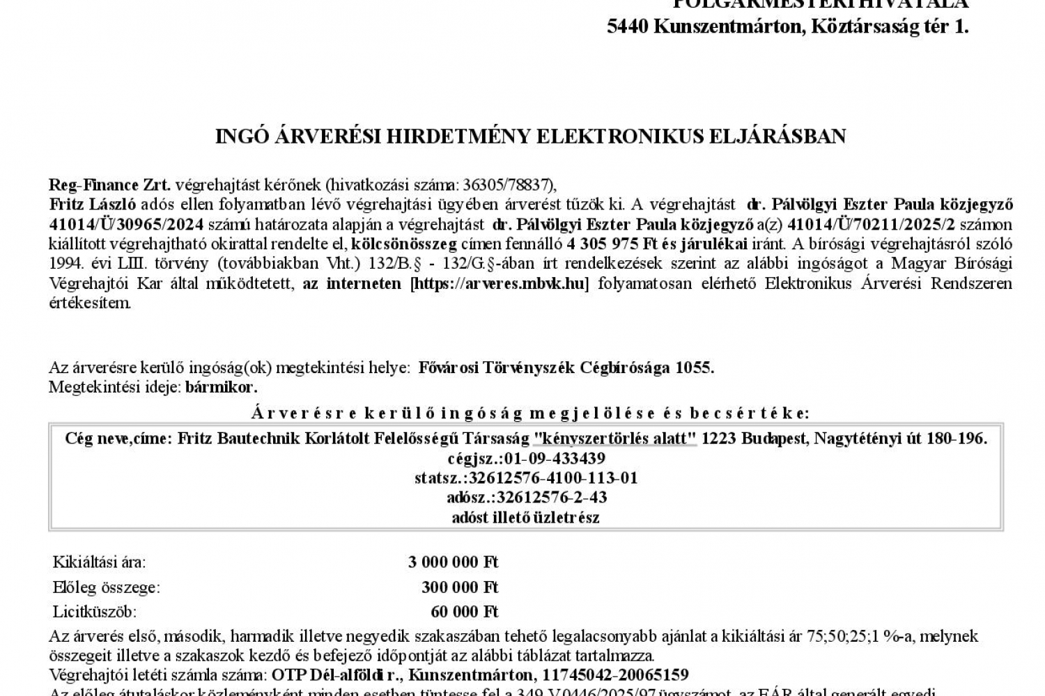 Ingó árverési hirdetmény  349.V.0446/2025/97   