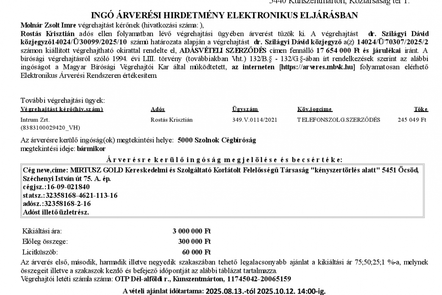 Ingó árverési hirdetmény  0349.V.0609/2025/52  