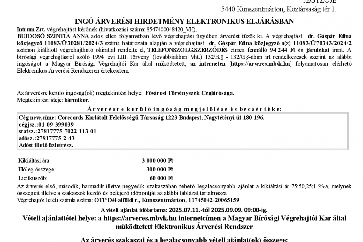 Ingó árverési hirdetmény  0349.V.0650/2024/55 