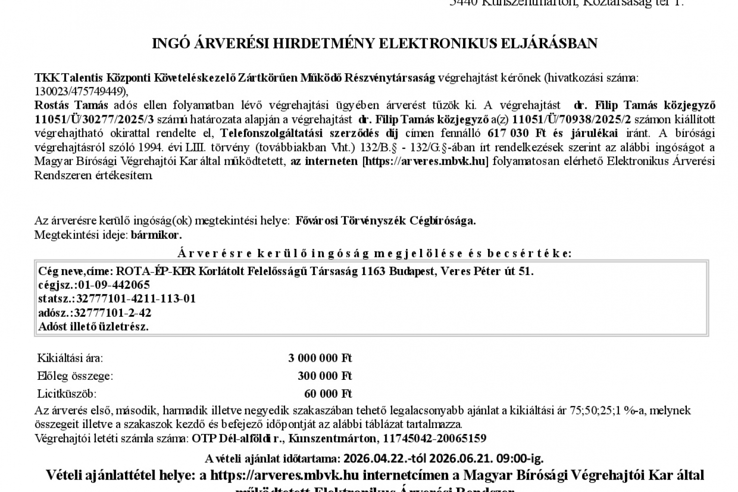 Ingó árverési hirdetmény  0349.V.1608/2025/51 