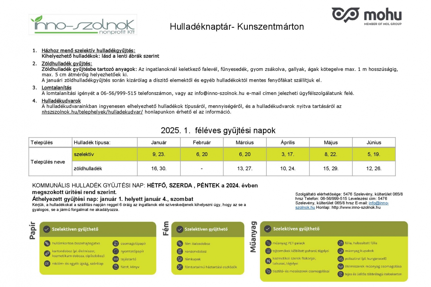 Hulladéknaptár - Kunszentmárton 2025.